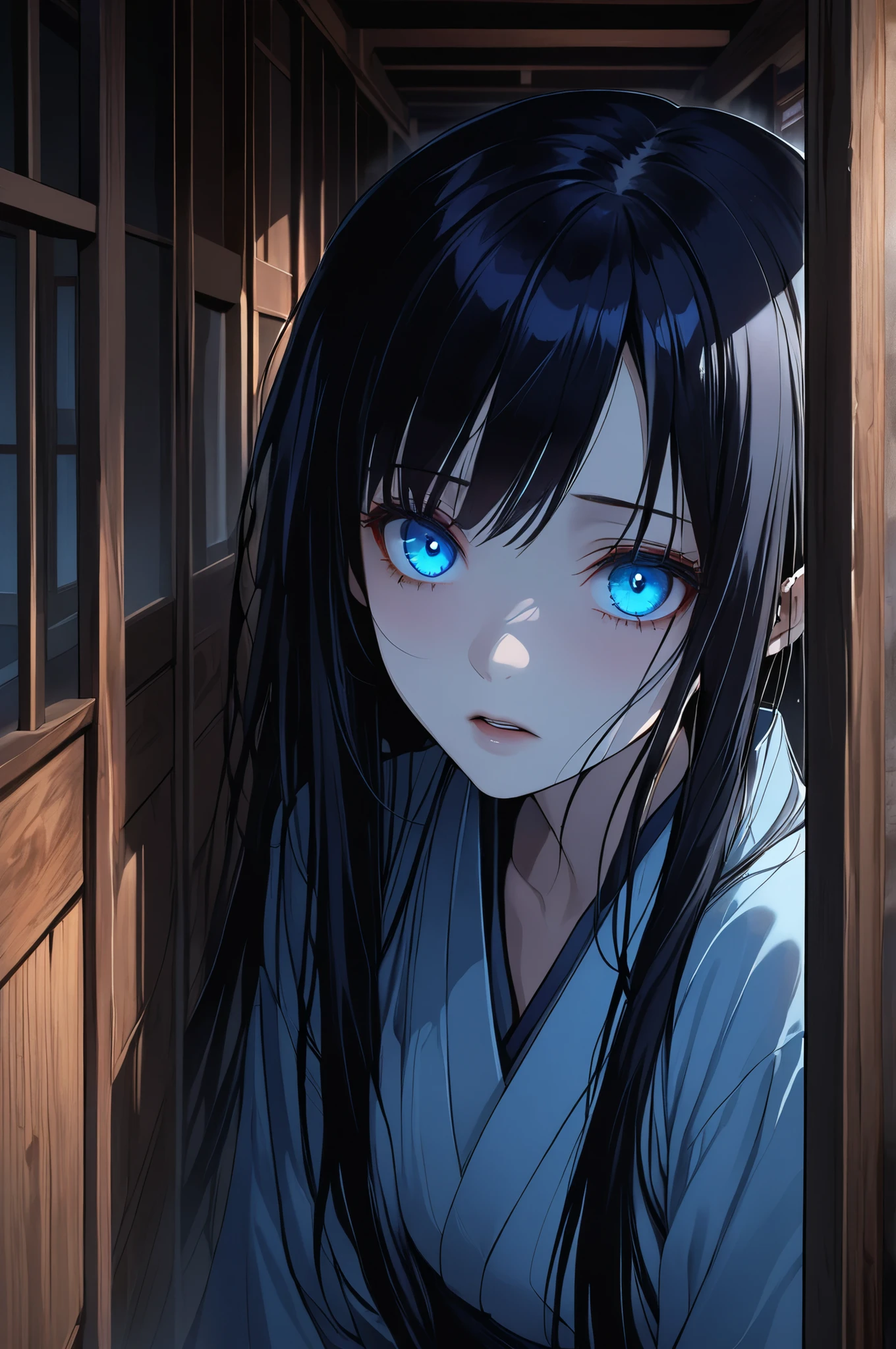 (High quality, High resolution, Fine details), Japanese horror, wooden corridor, inside a dark decaying Japanese house, mist drifting, solo, ghostly woman, extremely long straight black hair falling over face and shoulders, glowing blue eyes, (Detailed eyes:1.2), pale skin, drained of life, casting cold blue shadows