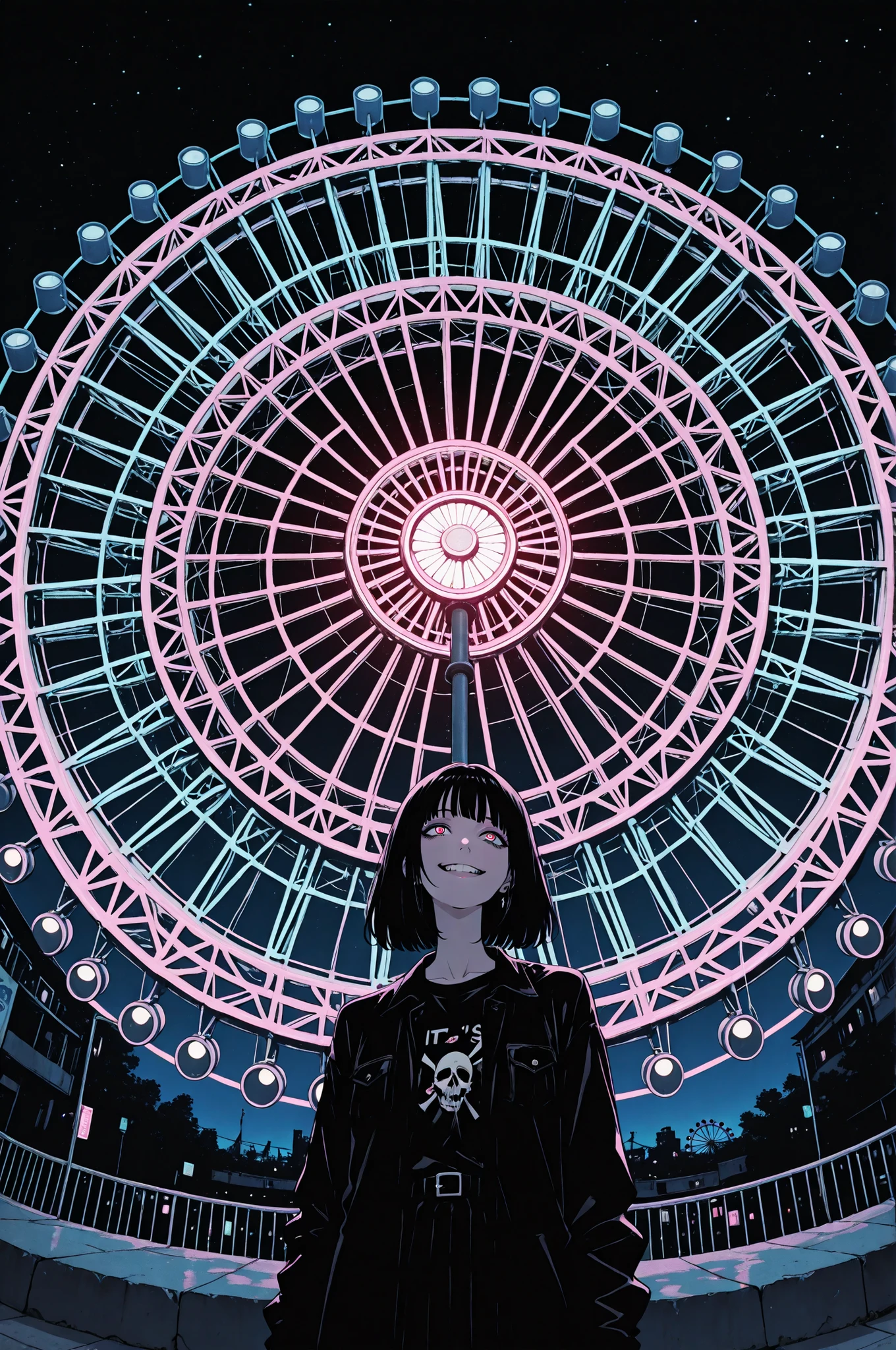 The scene is set in a dark amusement park at night., It's a place where colorful neon black lights shine brightly.,One girl gets down、 It's shot from a low angle, as if looking up from the ground.,fisheye lens, The distorted vision distorts the sense of reality., Glitchy noise and chromatic aberrations surround the whole., The world is digitally collapsing., The neon lights and noise of a Ferris wheel., The girl's eyes are wide open.、 She's smiling with a manic grin, her mouth showing., She faces the viewer.、 It looks like she's about to reach out., It even distorts the boundary between this world and you., Distorted and dynamic angle., It emphasizes movement and thrills., Multicolored glitches and noisy effects make the whole thing even more dangerous., The atmosphere is unsettling.、 It gives the impression that reality is about to collapse.,You're lost in a nightmare.,