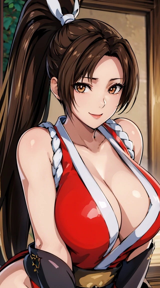 score_9, score_8_up, score_7_up, score_6_up, source_anime, BREAK masterpiece PonyShiranui, revealing clothes, japanese clothes, cleavage, leaning forward, upper body, open mouth, smile, kuji-in, large breasts, hand up, 