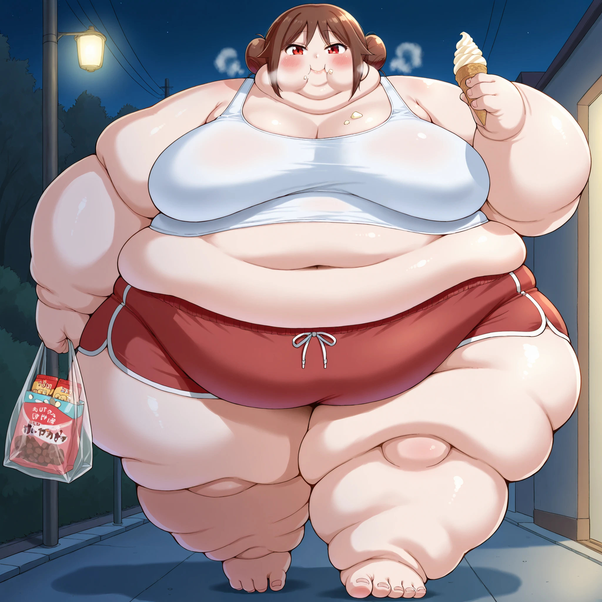 yuzuki tachibana, 1girl, solo, looking at viewer, blush, smile, brown hair, red eyes, hair bun,large breasts, tank top, midriff, dolphin shorts, walking, outside, night, eating ice cream, holding bags of food and snacks, fat, chubby, obese, fat neck, multiple chins, big breasts open mouth, out of breath, Larger female, full body shot, only head, large head, oversized limbs, large hands, large feet, oversized feet, oversized fingers, big lips, plump lips, fat face, fupa, big fupa, fat fupa,