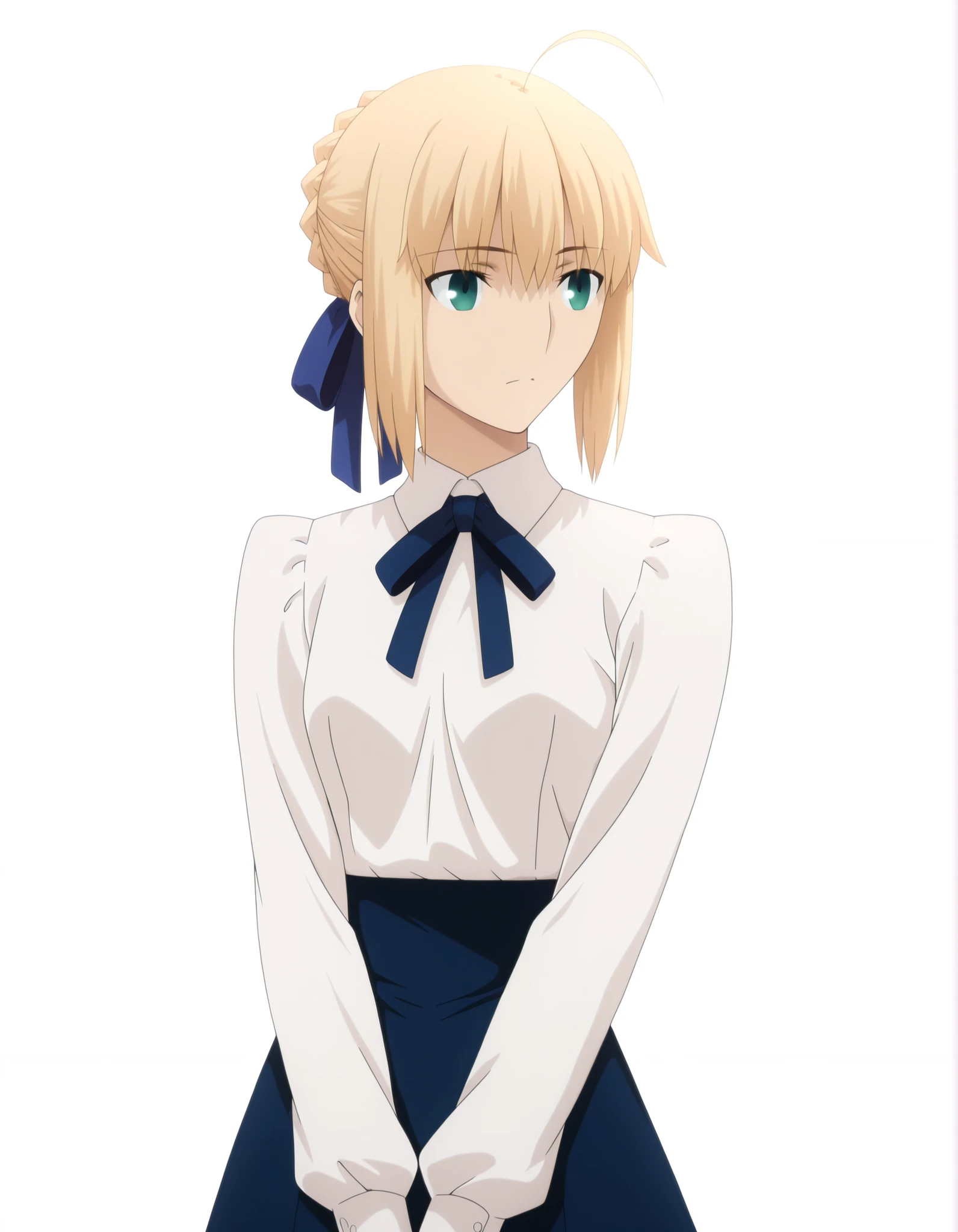 masterpiece, best quality, amazing quality, highres, absurdres, very aesthetic, high resolution, ultra detailed, perfect details, day , 8k, , ((white background, simple background)), (sunlight), from , sidelight, close up, ( beautiful light), 
 
1girl, ufotable style, anime style, (anime coloring), (anime screencap) ,(aged up), cowboy shot,
   
artoria pendragon (fate), saber (fate), blonde hair, green eyes, ahoge, hair ribbon, blue ribbon, french braid, braided bun, single hair bun, short hair, sidelocks,
neck ribbon, blue ribbon, white shirt, collared shirt, long sleeves, blue skirt, high-waist skirt, long skirt, black pantyhose,