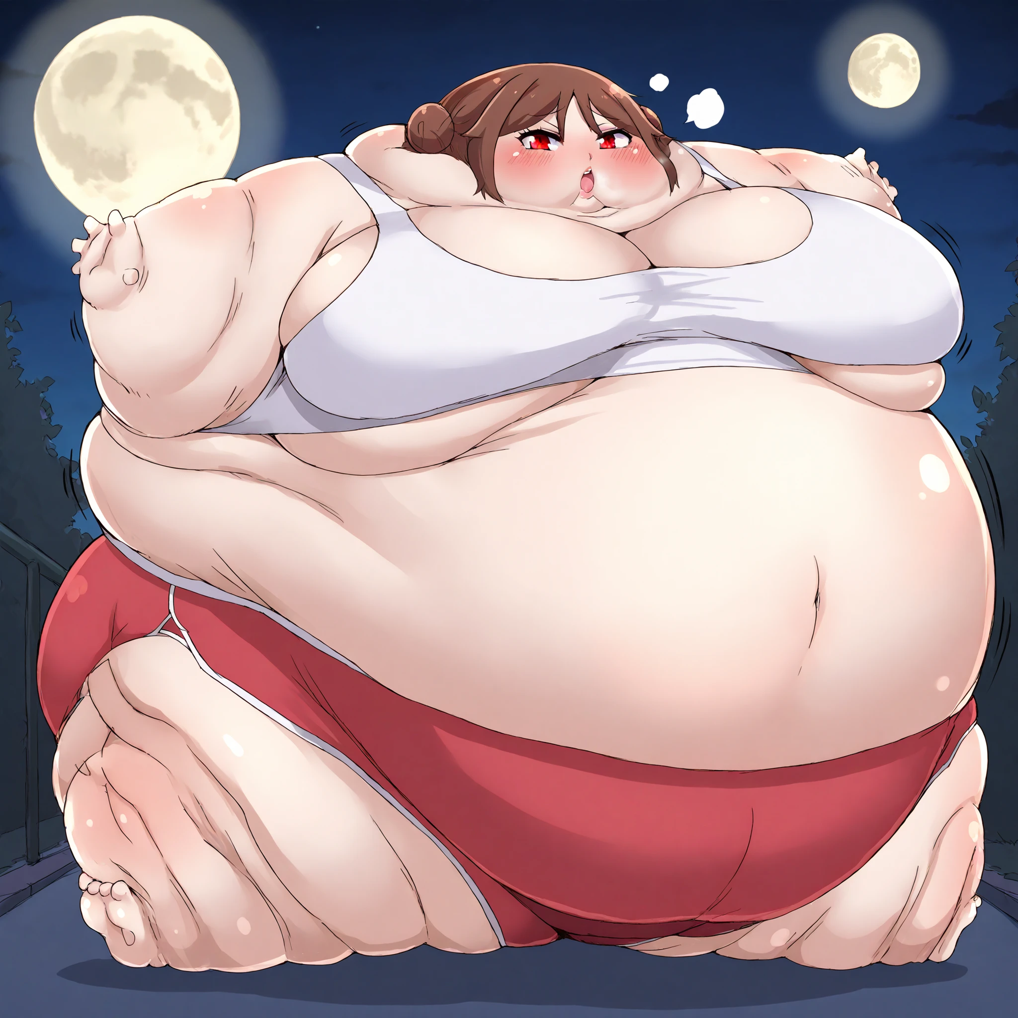 yuzuki tachibana, 1girl, solo, looking at viewer, blush, brown hair, red eyes, hair bun,large breasts, tank top, midriff, dolphin shorts,, outside, night, full moon, transforming, becoming a blob of fat, spherical inflation, inward arms, inward legs, sphere_tf
mini limbs
only head, sphere body, stretching out clothes, tight clothes, ripped clothes, fat, chubby, obese, fat neck, multiple chins, big breasts open mouth, out of breath, Larger female, full body shot, only head, large head, oversized limbs, large hands, large feet, oversized feet, oversized fingers, big lips, plump lips, fat face, fupa, big fupa, fat fupa, 