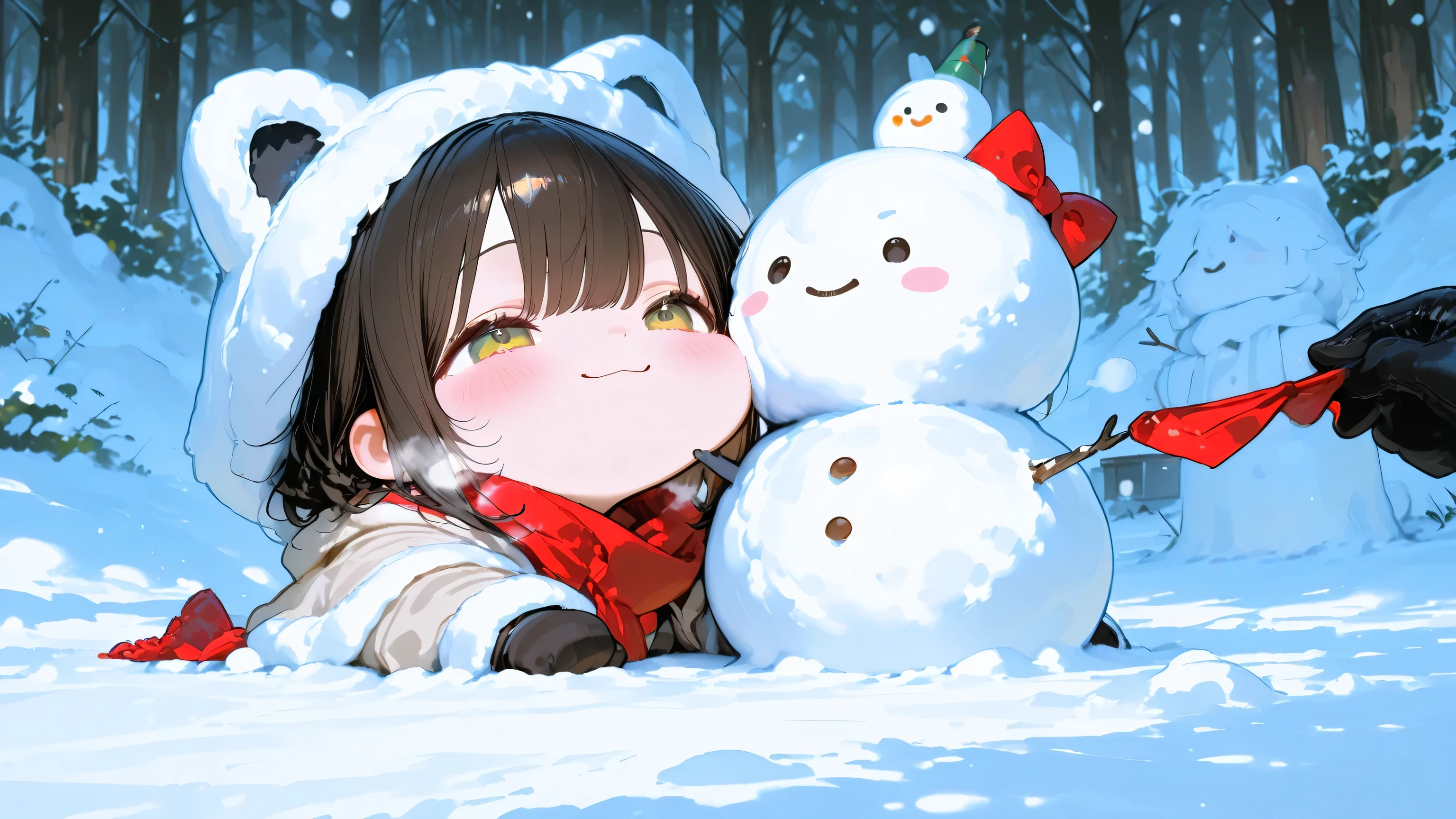highest quality、 Hi-Res、( high image quality:1.2)、 Masterpiece、 detailed background on a futon、Realistic、 RAW photos 、A quiet winter afternoon 、 Fluttering down in the snow 、 A got carried away and made a snowman 、 A girl wearing black gloves smiles satisfactorily beside a snowman wrapped in a red scarf 、 softly attaches her cheeks to the snowman's cheeks and feels cool to the touch laughs、 The snow continued to fall gently while breathing white breath 、 quietly piled up as if wrapping two people 、 cute