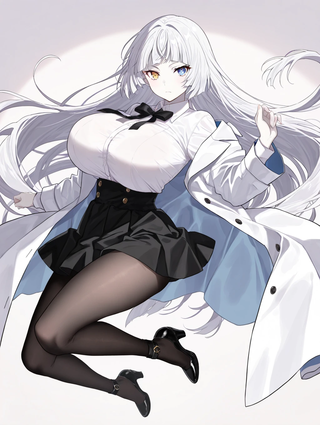 (tuxedo jacket), (white leotard), smiling(short height)(young girl), (black bunny ears), (huge round ???????)(big ?????), narrow waist, belly button, small ????, (???? ????), (thin legs)(???? legs), (thin thighs)spread, (white high-heel), (silver ponytail)(white ribbon), (Highly Detailed CG Unity 8K Wallpaper) (Better Quality) (Better lighting)