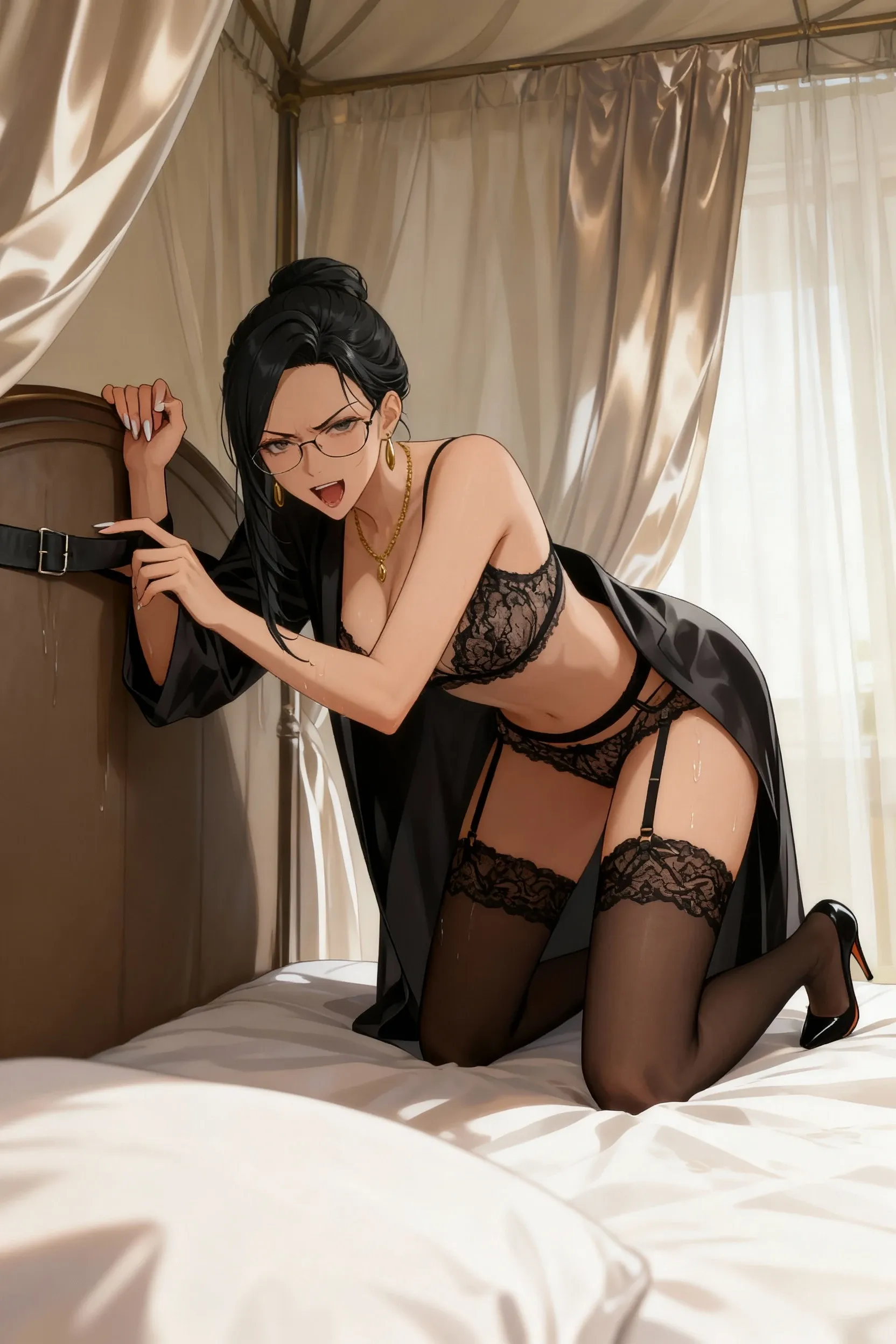 (????: 1.4), (Best Quality, Masterpiece: 1.1), (Fidelity: 1.4), Woman, 22 years old, ??????? look, Flushed face, Face of Pleasure, ??????? expression, ?????????? half-open mouth, Short hair Messy red, Eyes purple color, In the Main Room, nocturnal moonlight, lace stockings, Lace choker, Hearts flying, Transparent lingerie, sitting in an armchair, ?????????, full body, high heels,  ???? ??????, camel's paw, detailed hairy pubic ???????, small ???????, hard ????? beak, looking at the viewer, pov from below, comics style, analog style, illustration, lineart.