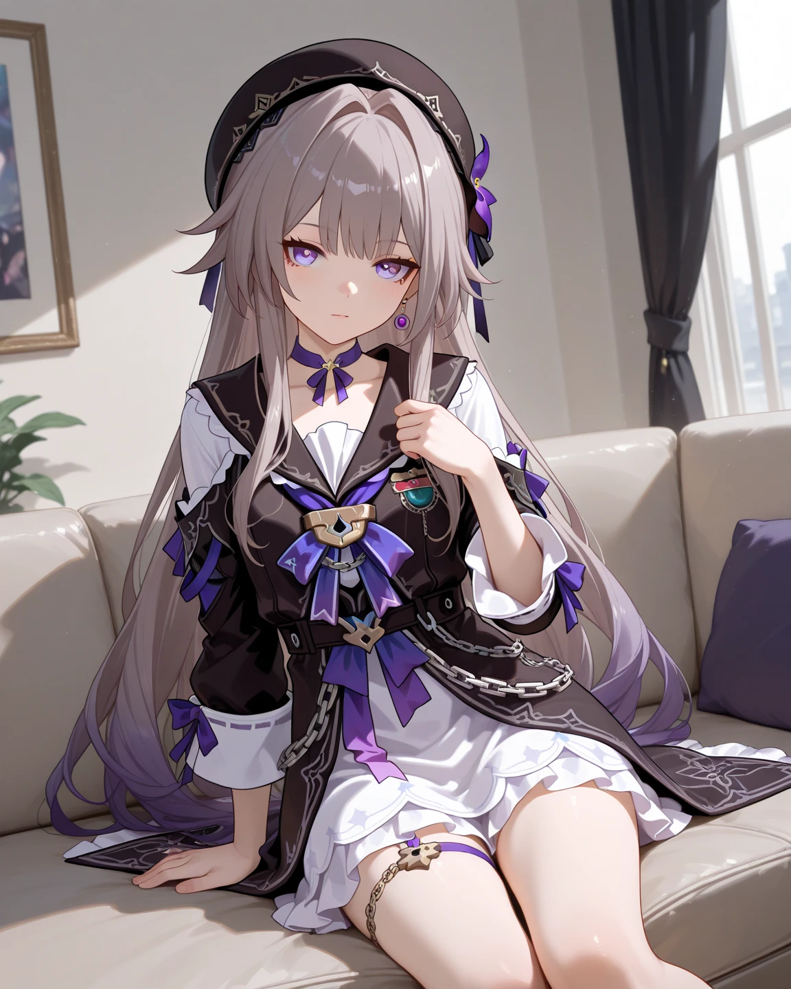 (best quality:1.3), (masterpiece:1.3), (illustration:1.3), (ultra-detailed:1.3), 1girl, solo, very young, flat ?????, purple eyes, white hair, long hair, white dress, black coat, black headwear, beret, serious expression, angry expression, looking at viewer, indoors, short, sitting