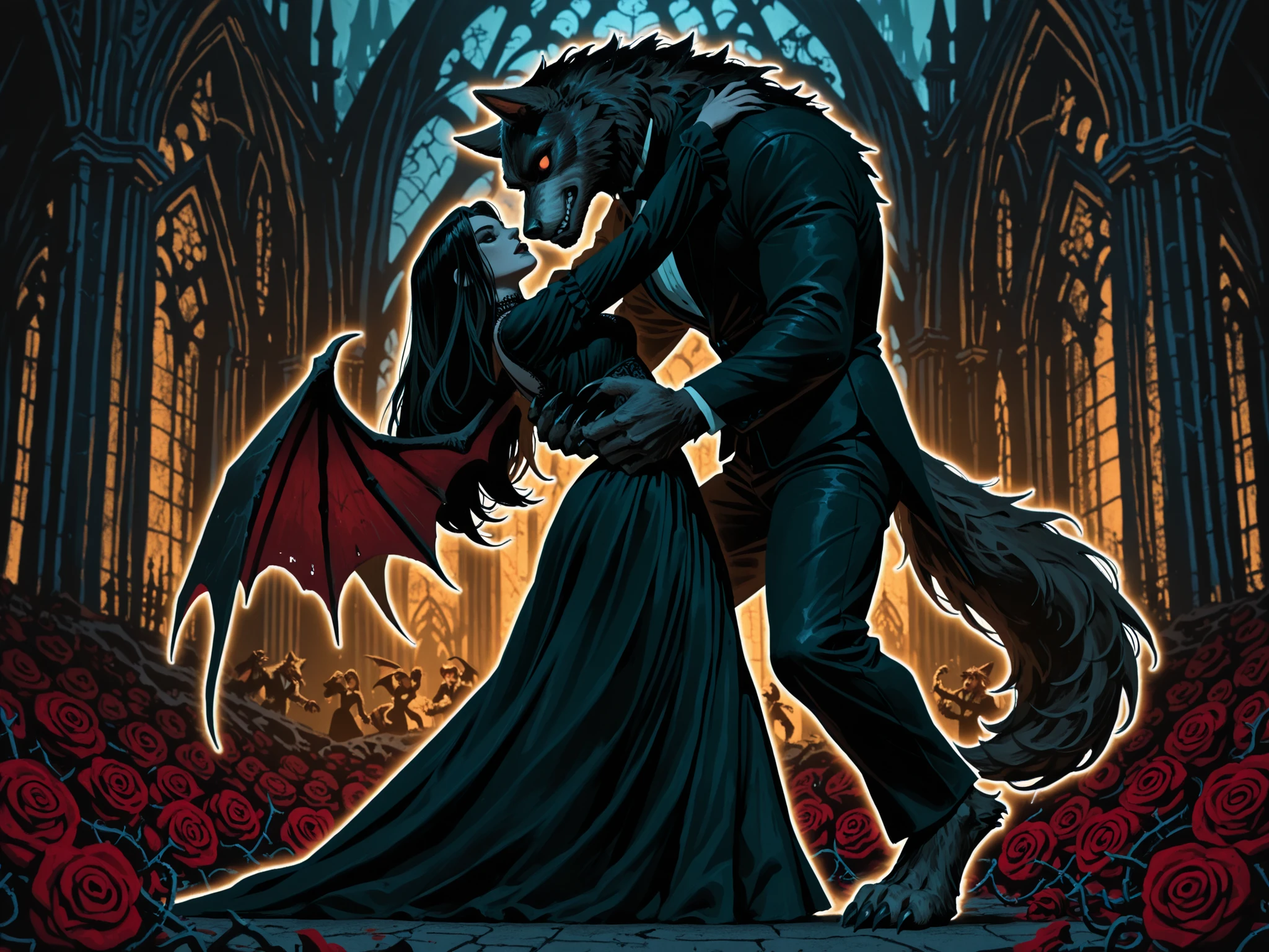 outline, \(greg rutkowski\),
/(female, vampire, long dark hair, wearing elegant black dress, (bat wings, vampire wings)/),
/(male, werewolf, claws, wearing suit, \(magic chains\) around/),
dancing,
ruined chapel in the background, moonlit, (graveyard, tombstones:0.5), dead roses, Gothic architecture, soft light, mist, dramatic lighting