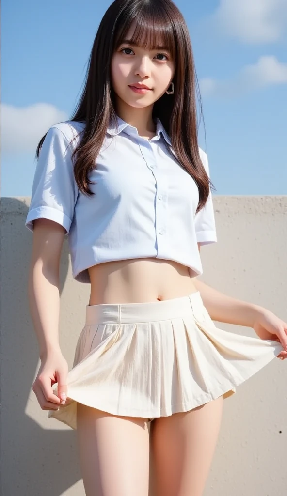 is standing、Standing Pose、((top-quality、8K resolution、Master masterpiece))、A MILF、BBW、(((Skirt lift)))、White sports panties、You can see the white sports panties written in detail、