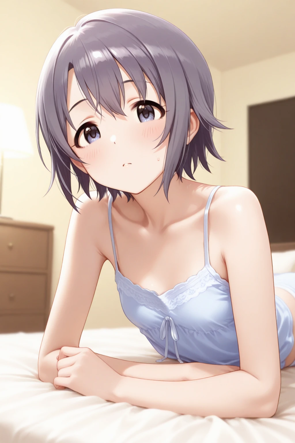 Highest quality、Black Hair、Iris、short hair、girl、cute、16 years old、、Small hair ornament、1 person、Hotel、On the bed、In 、Embarrassed look、