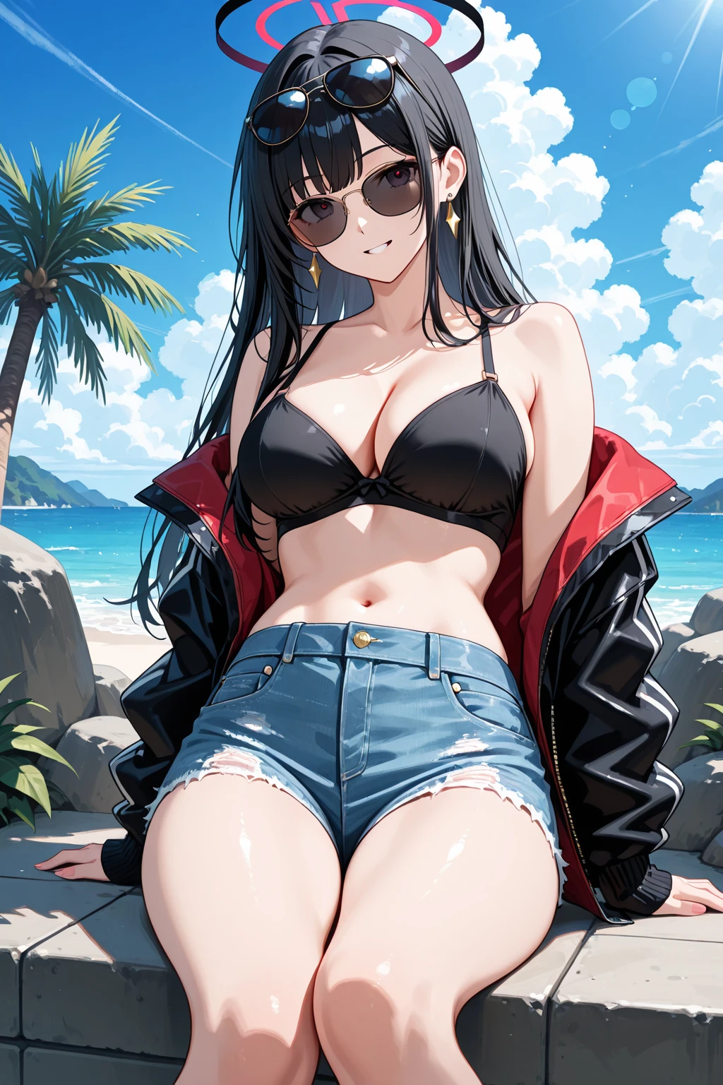 komi shouko,Fleshy thighs，White open shirt，Simetall，Chest open，Full muscles，Round gluteus maximus，soaking wet，Tall，Ocean park，Simetall，Comic cover style，Comic cover title