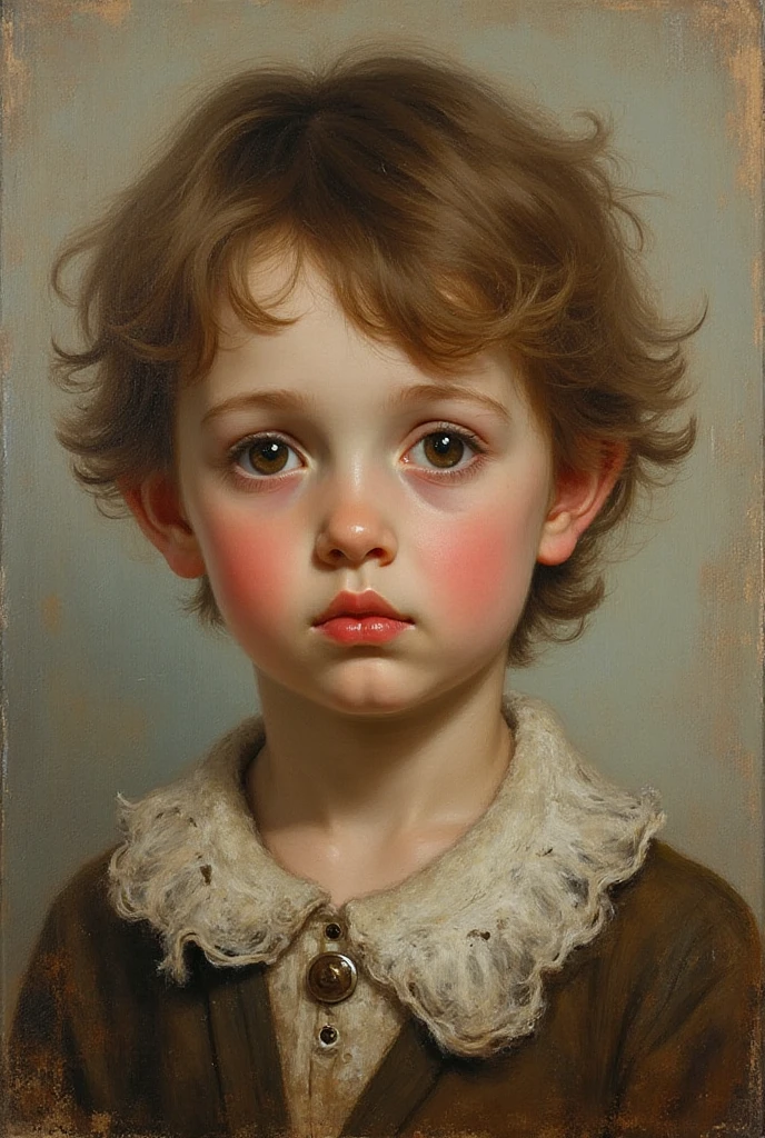 ears quite-style oil painting of a pale-skinned,  boy baby with wavy chestnut hair and brown eyes. Her pose is soft and dignified, with delicate lighting, rich textures, and warm earthy tones. Classical background with subtle architectural or natural elements, capturing the elegance and emotional depth typical of old master portraiture.
