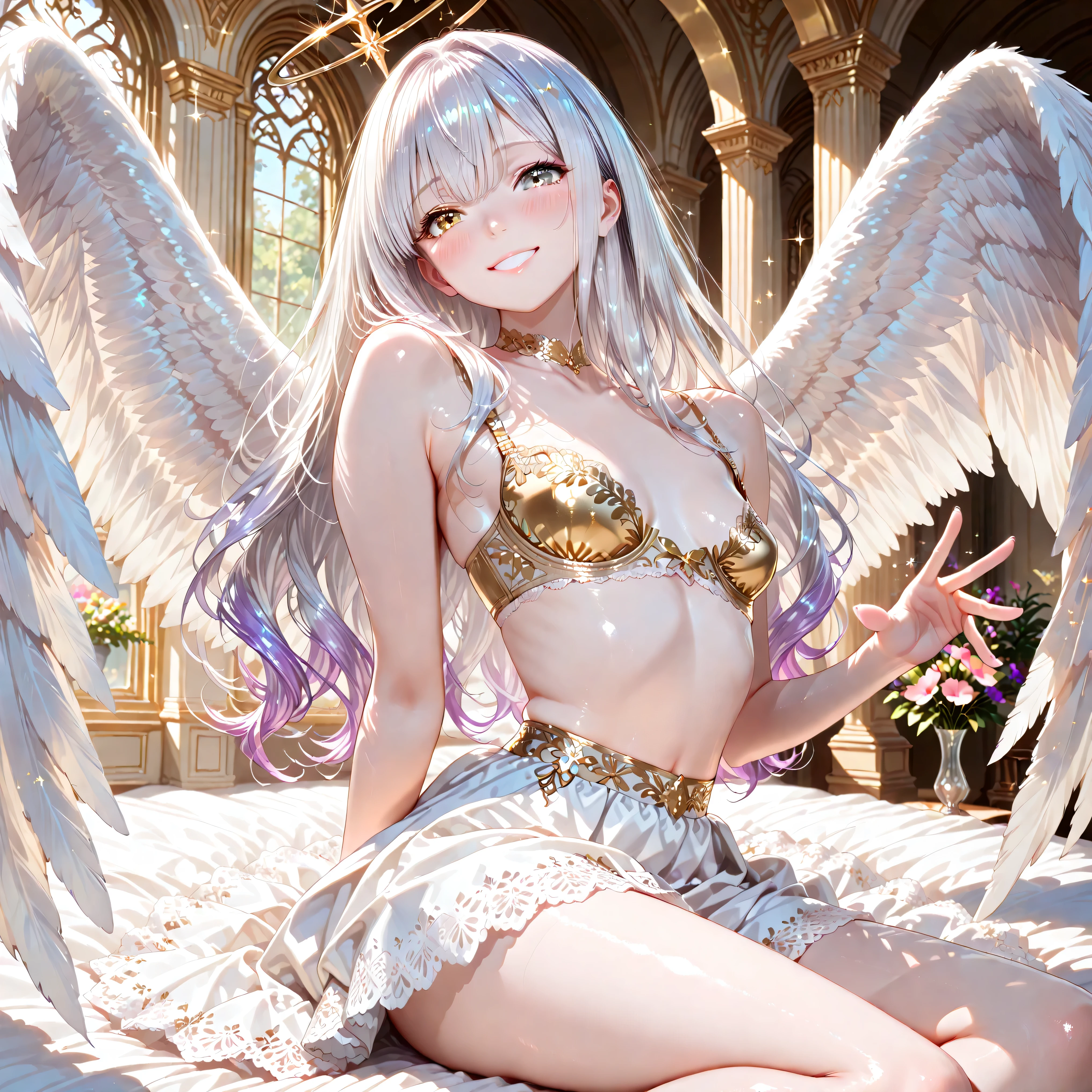 ((Top quality, 8K, best quality, masterpiece, ultra realistic)), ((Beautiful angel with odd eyes)), ((Heterochromia, golden eyes, silver eyes)), ((Sparkling and detailed eyes)), (Very precise eyes), (Long hair with a mixture of platinum and purple), Princess cut, ((Translucent and shining white skin)), Shiny skin, Very white skin, ((Very small breasts)), ((Beautiful woman wearing a lacy crimson quarter cup bra with a clearly visible intricate lace pattern)), ((Crimson wrap (wearing a skirt), ((a beautiful flower garden), ((Golden quarter cup bra)), ((sitting with her legs stretched out, with wings on either side of her back)), ((anatomically accurate depiction)), ((the exact number of fingers, detailed depiction down to the tips of the fingers)), gaze, ((angel wings)),blushing face, ((the surroundings are sparkling)), smile, very beautiful, fantasy world, very beautiful eyes
