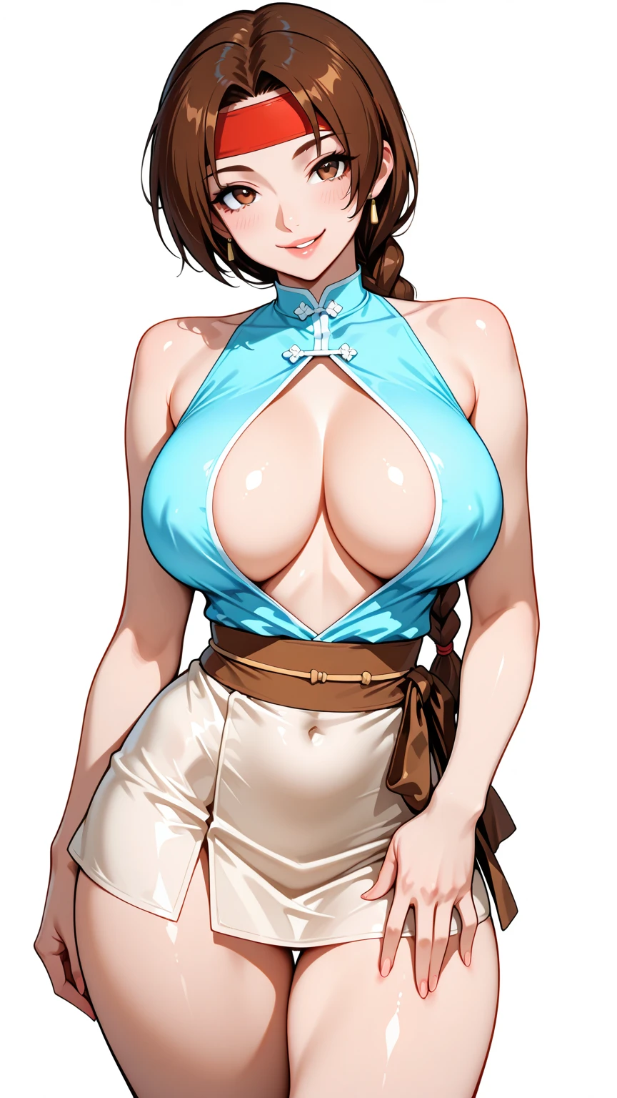 score_9, score_8_up, score_7_up, ASCII masterpiece, source_anime, BREAK, 1girl, solo, (( <lora:cho_mi-kyung:1> , cho_mi-kyung, thin waist, wide hips, beautiful skin, beautiful brown eyes, clear eyes, bright pupils, beautiful eyes, beautiful brown hair, huge and shaggy breasts, natural beauty, extraordinary beautiful woman, attractive woman, super sexy woman, lustful body, sexy woman with seductive obscene body, sensual body, voluptuous body, sexy beauty, most beautiful milf, no piercings, no piercing, )) ,  outdoors, shiny clothes, shiny skin, beach bar, tropical, classy beach bar decorations, cowboy shot, from above, looking at viewer, hands behind back, (detailed face, detailed eyes), delicate features, soft lighting, seducative smile, cute and sexy, very detailed, high detailed texture, uncensored, rare view, ((single hair braid with blue scarf, hair over shoulder, ))