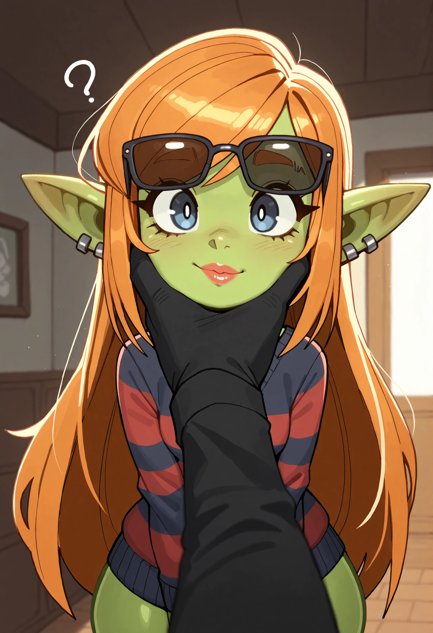female punk, ginger, very long hair, grey blue eye , facial piercings, eye makeup, small breasts, meduim hips, (goblin girl:1.0) (shortstack:1.0) (green skin:1.0) (pointy ears:1.0) (wide hips:1.0)| (masterpiece , best quality , very aesthetic , absurdres , artist:wamudraws , shaded , bedroom background , backlighting) (depth of field , blurred foreground:1 . 3) solo focus , shirt , blep , undershirt , sweater , striped sweater , dark clothing , headshot portrait , face squish , pov cheek grabbing \(meme\) , swept bangs , confused,masterpiece, high quality, best quality, standing, highlight, lipstick, thick lips, plump lips, (teasing), eyebrow raised, bright eyes, plump, lip gloss, shiny lip gloss, sunglasses