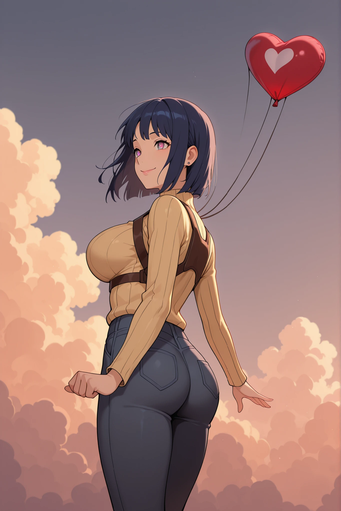 Hinata Hyuuga, medium hair, dark blue hair, square, , skinny body, earrings, pink lips , lavender eyes, | masterpiece, best quality, highres, absurdres, best quality, 1girl, . parachutesky, sky, (clouds:1.1), smile, suspended, harness, see-through, from away, ((HEART SHAPED PARACHUTE, PARACHUTE FOCUS)), sweater, jeans

