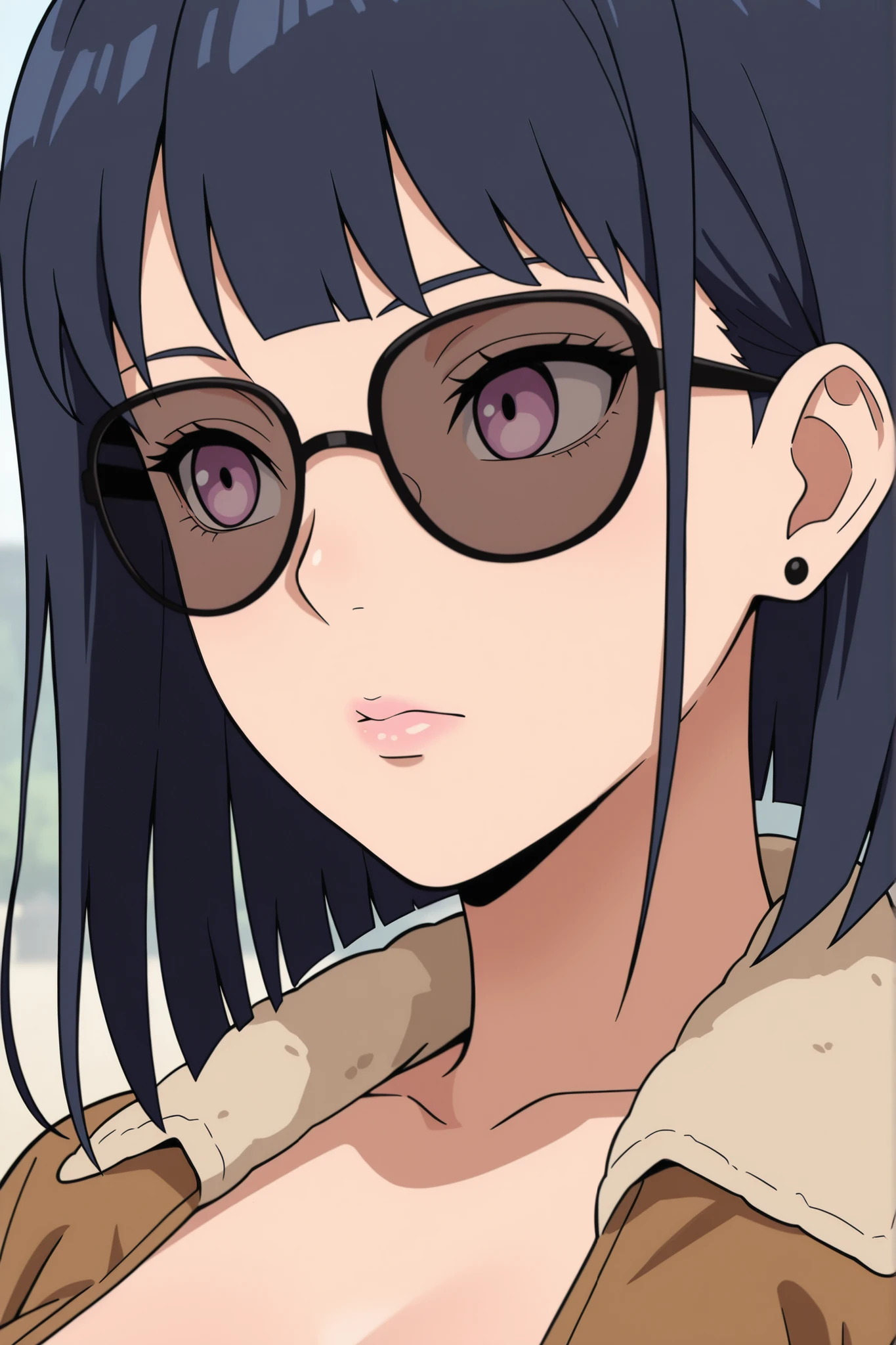 Hinata Hyuuga, medium hair, dark blue hair, square, , skinny body, earrings, pink lips , lavender eyes, | best quality, amazing quality, masterpiece, anime, 1girl, portrait, close-up, stylish glasses, sunglasses, bomber jacket