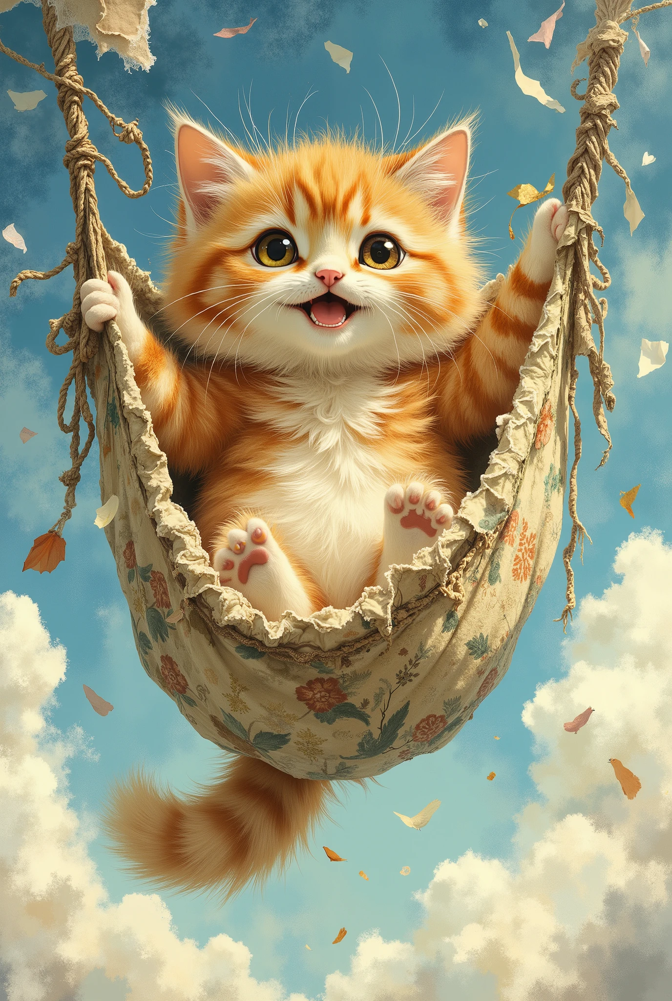 full body shot, a fluffy orange kitten with a dumbfounded expression, falling with its claws tangled in a plush hammock that is now torn and acting as a makeshift parachute, fluff and fabric scraps flying behind, fluffy clouds in the background, soft furry textures, style of Disney or Studio Ghibli character, incredibly cute and funny, soft pastel colors --ar 4:5 --v 6.0