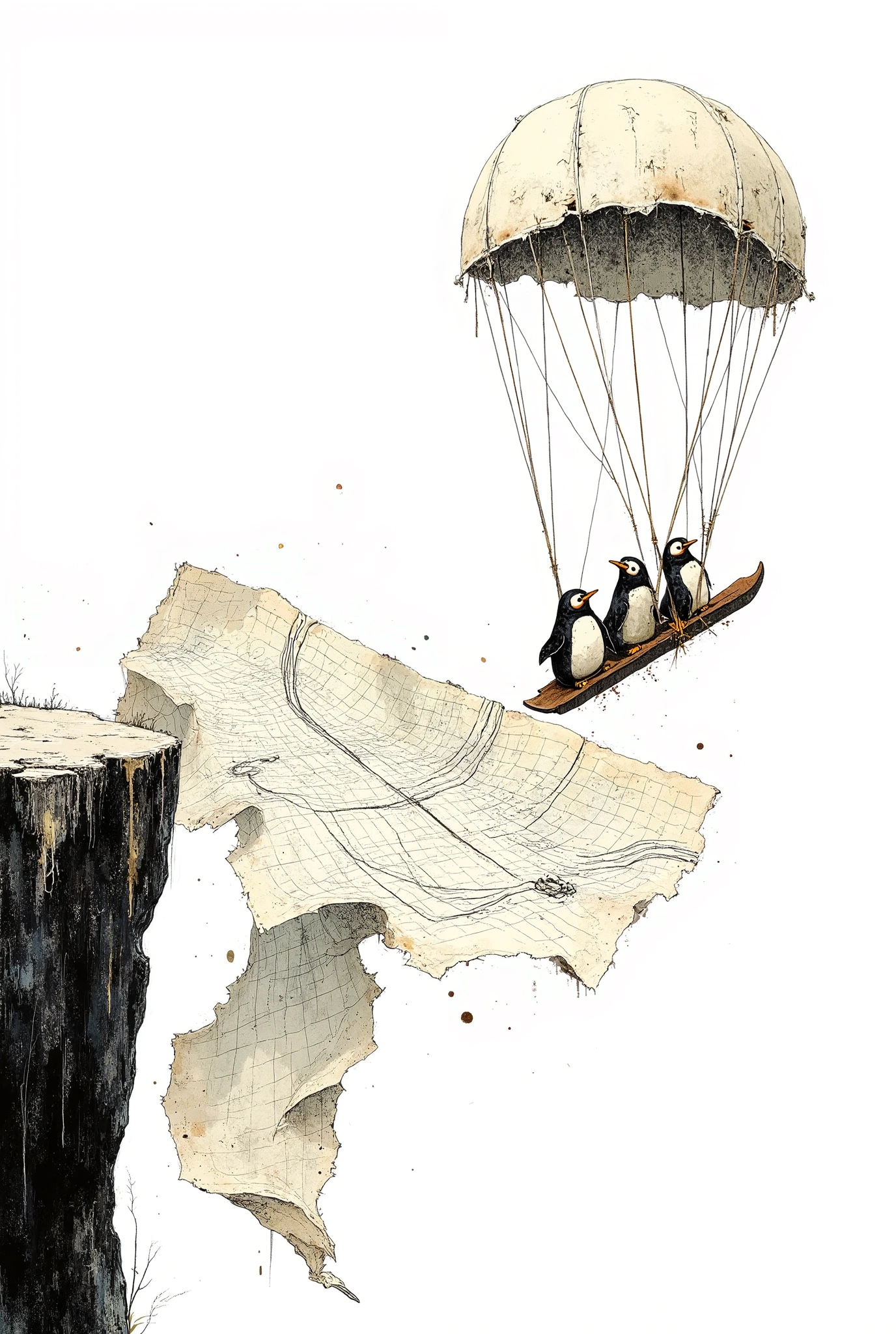 action shot, three penguins from the Line Rider game sitting on a single paper sled, falling from a cliff, holding onto a giant piece of graph paper with a hand-drawn track on it as a parachute, paper-like texture, simple vector-based cartoon style, minimalist background, nostalgic gaming humor, white background with slight paper texture --ar 16:9 --v 6.0 --style raw