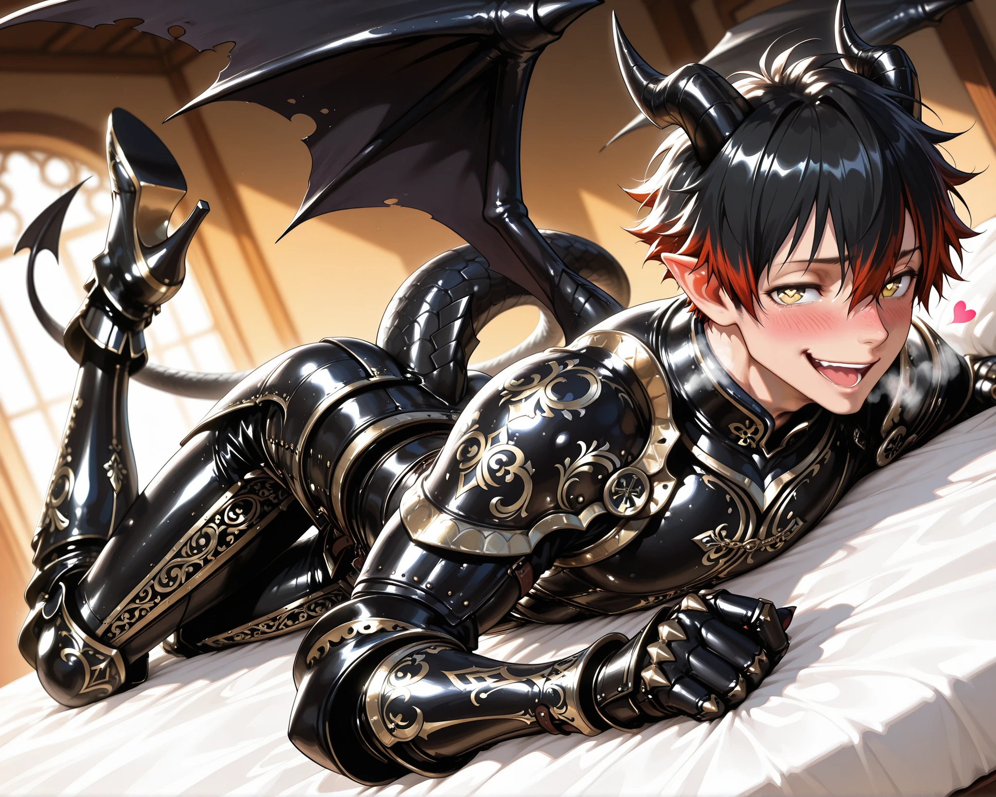 score_9, score_8_up, score_7_up, absurdres, (((128K Ultra High Resolution))), (masterpiece, best quality: 1. 5), (high definition: 1. 4), (highres), 8K wallpaper, (excellent graphics: 1. 5), CG, (((Japanese Anime style))), (1 male), (solo), (((lean body, masculine))), weredragon, glossy black, shiny black leather, (((beautiful golden eyes, finely detailed eyes, bright eyes, heart symbol eyes))), hair between eyes, black hair, long hair, sideburns, wild hair, (((sadistic smile, naughty face, open mouth))), ((ultra detailed face)), (((blushing, heavy breathing))), shiny skin, long pointy ears, twisted torso, long-legged, sculpted face, wasp waist, dragon horn, dragon tail, dragon wings, dragon sharp claws, (black armor with a lot of grandiose decorations: 1. 5), half dragon half human, (on a luxurious bed, lying in bed, bed waiting for you: 1. 5), (looking straight into the camera, dutch angle, dynamic pose: 1. 5), (ultra detailed black armor, well-polished black armor: 1. 5), (gold-adorned armor: 1. 5), all black outfit, full body, sharp focus, good-looking man, (best illustration, highly detailed artwork: 1. 5), dramatic lighting, (intricate detail, extreme detailed, super detailed: 1. 5), (stark contrast, heavy shadows: 1. 3), ((detailed black decorations)), beautiful & aesthetic, photoreal, (from side), (mysteriously crafted black metal armor: 1. 5), thick & luxuriant hair, (ultra detailed fantasy black armor, wonderful black armor: 1. 5), (realistic metal texture), broad shoulder, true-to-life visuals, artistically refined, (extremely delicate & beautiful armor, elaborate armor details: 1. 5), (giant black armor, dark armor, stylized armor: 1. 5), (((armor-type high heels))), (extremely detailed armor with intricate engravings, intricate armor with gold ornaments: 1. 5), ((very gorgeous and dazzling)), (dark fantasy black knight: 1. 5), slim waistlines, wide chested, sinewy body, (Hyper Detailed & Perfectly Designed Black Armor: 1. 5), (luxury bedroom)