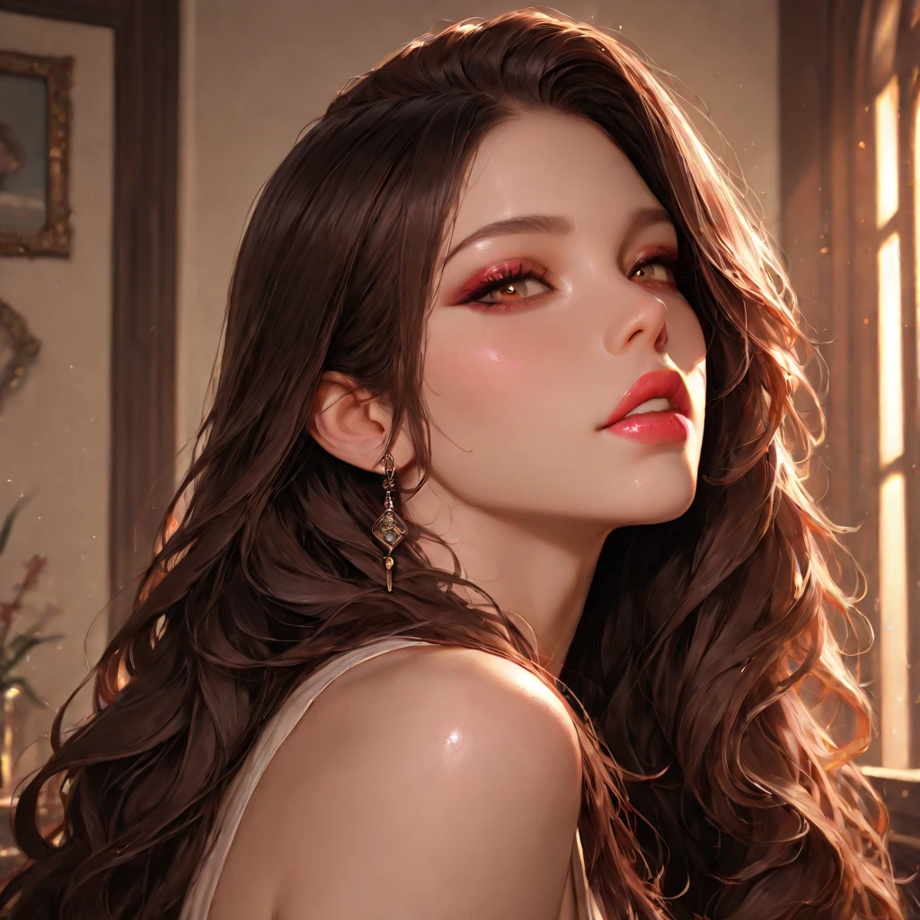 
Hot  beautiful women  , detailed lips , detailed brown eyes, big traditional heavy long  cluster earrings , alluring face, necklace , detailed red lipstick  , brown messy hair, blinking on eye, blush 