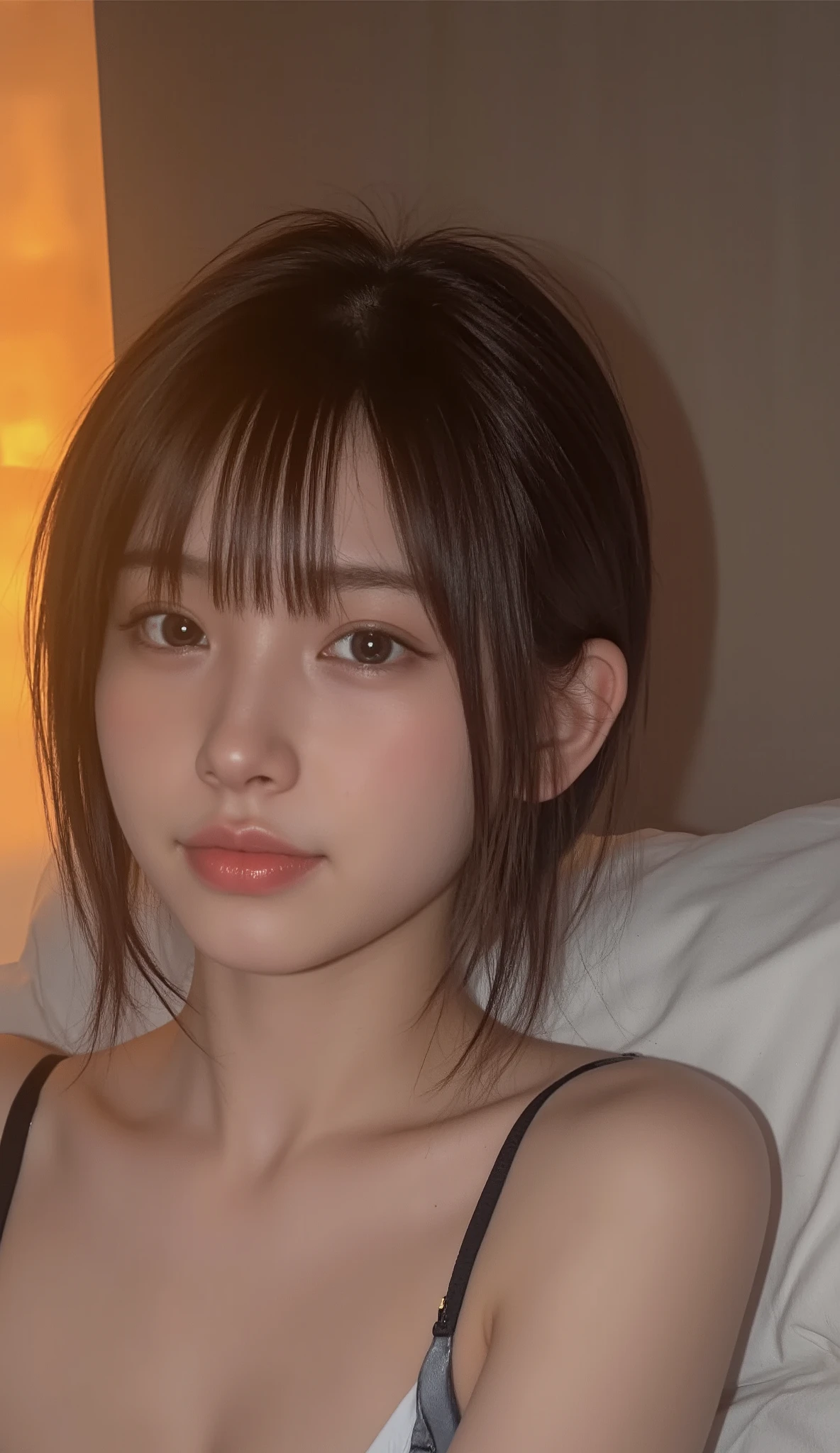 ((sports bra)), Japanese woman staring at me with a gentle expression in bed。Night Indoors、The lighting is soft indirect lighting、orange street lamp inserted through a gap in the curtains。 Lying on white sheets、with a natural smile。Light Makeup、natural。the hair is long enough to stick to the shoulders、it is slightly obstructed so that I wake up。The air is quiet、warm atmosphere。sports bra