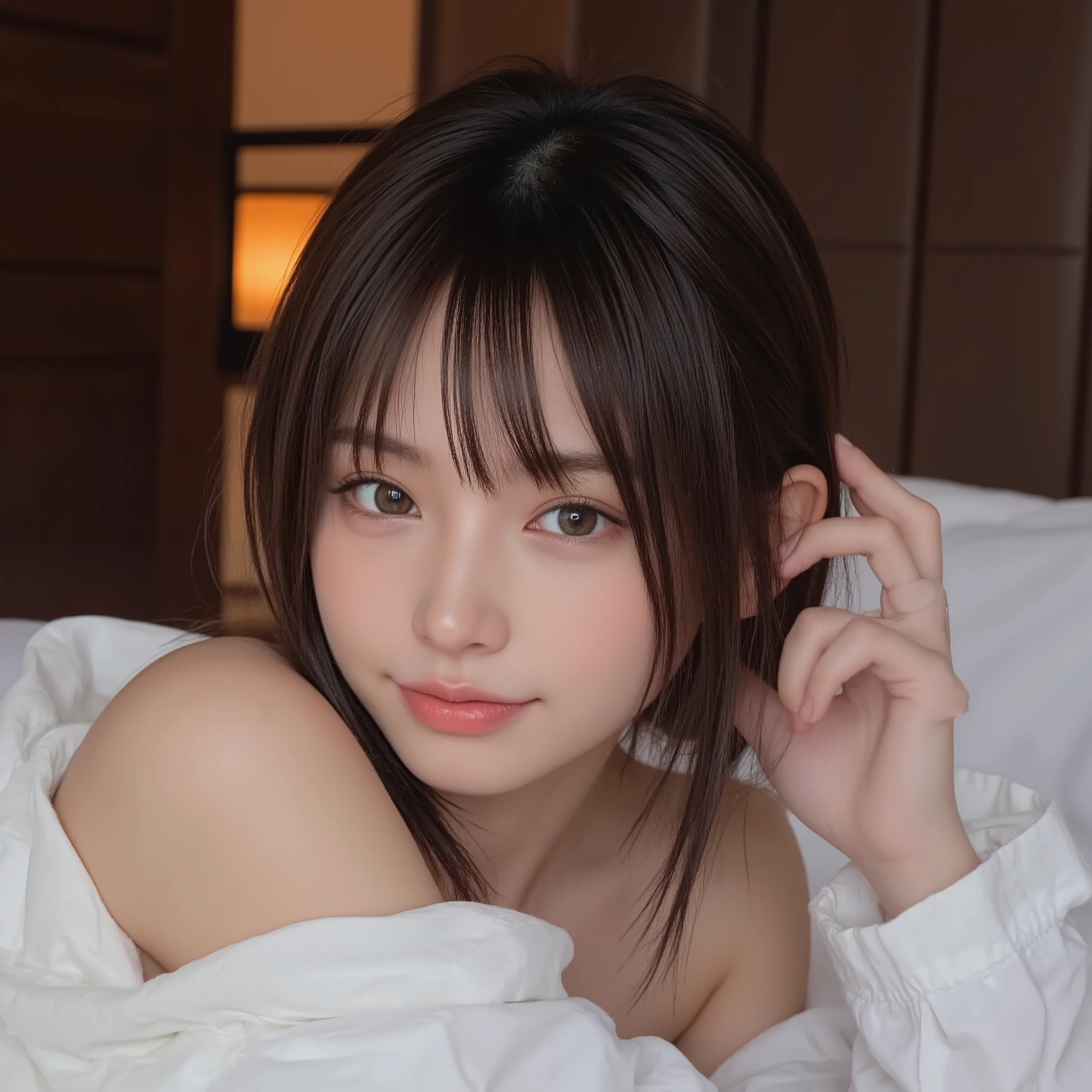 ((sexy)), Japanese woman staring at me with a gentle expression in bed。Night Indoors、The lighting is soft indirect lighting、orange street lamp inserted through a gap in the curtains。 Lying on white sheets、with a natural smile。Light Makeup、natural。the hair is long enough to stick to the shoulders、it is slightly obstructed so that I wake up。The air is quiet、warm atmosphere。