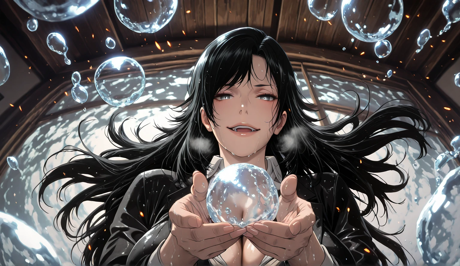 L_Cation2, babu-style, Hgk, (jeneral-style:1.2), (butcha-u-style:1.2), (anegawa_eiji-style:1.3), (toi8-style:1.4), ((anime coloring, anime screencap)), shiny skin, Hand drawn, cinematic, Sharp focus, humorous illustration, big depth of field, Masterpiece, ((backlighting)), concept art, trending on artstation, Vivid colors, Simplified style, trending on ArtStation, trending on CGSociety, Intricate, Vibrant colors, Soft Shading, Simplistic Features, Sharp Angles, Playful, (voluptuous body:1.4), (mature female:1.4), (cellulite:1.3), ((anatomical correct)), perfect body, perfect eyes, perfect fingers, gasping, heavy breathing, gasping profusely, ((skindentation)), ((curvy, thigh gap)), hiratsuka shizuka, long hair, black hair, grey eyes, bright pupils, plump, 1girl, looking at viewer, smug, ((naughty face)), bubble, holding, solo, upper body, parted lips, water, water drop, ((embers)), fisheye, Bokeh, wink, open mouth, wet, wet body, motion blur