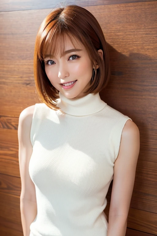 Tabletop, Highest quality, Photorealistic, In detail, High resolution, 8k wallpaper, Perfect dynamic composition, Beautiful attention to detail, Medium Hair, Big ample , Random poses,Put your together、(Mock Neck Crop Tank Top White Knitwear、The looks realistic)、( Swelling 1.2)、Laughter、Open your mouth、Resort scenery、23 years old、(Droopy Eyes 1.4)、Adult Beauty、Japanese