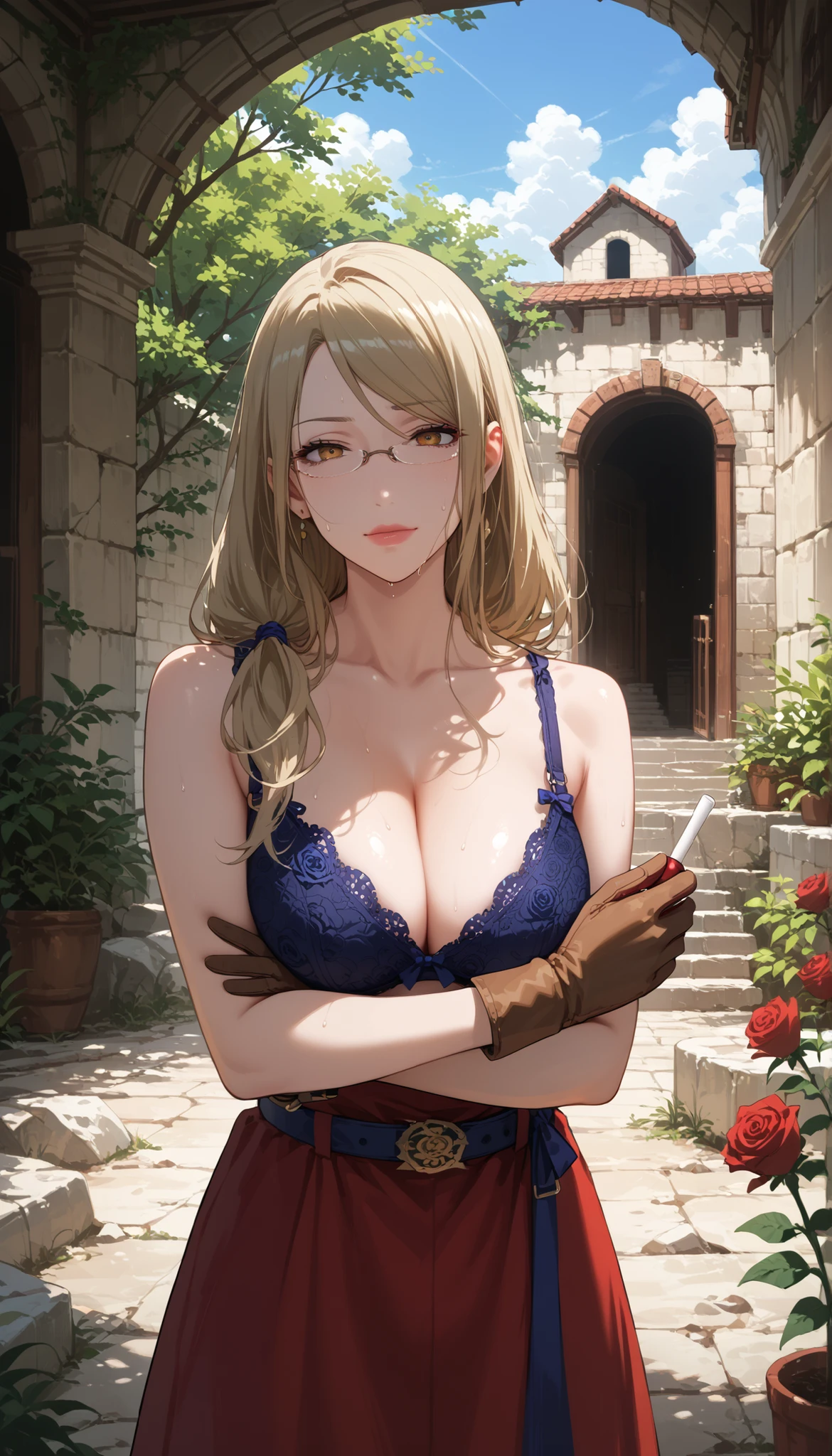 Score_9, Score_8_up, Score_7_up, Score_6_up, Score_5_up, Score_4_up, Source_anime, anime art, anime style, masterpiece, best quality, 1girl, mature woman, , , Rize Kamishiro,,sweating, looking at  you,   lips, , in pain face, long hair ,glasses on, casual clothes, mirror magic ,saggy breasts , rose garden, , rose bra, A lone alchemist standing in a vast post-apocalyptic wasteland, cracked desert earth stretching to the horizon, rusted ruins of old industry half buried in sand, the alchemist wears patchwork leather and metal scrap armor, intricate glowing sigils and chalk runes painted on gloves and mask, glass vials and broken test tubes hanging from belts, holding a homemade brass-glass alembic that emits faint colored smoke, the sky is orange-brown smog with burnt shadows, harsh dramatic lighting, ultra detailed, cinematic composition, 35mm photography look, high contrast, gritty, dark science fantasy aesthetic