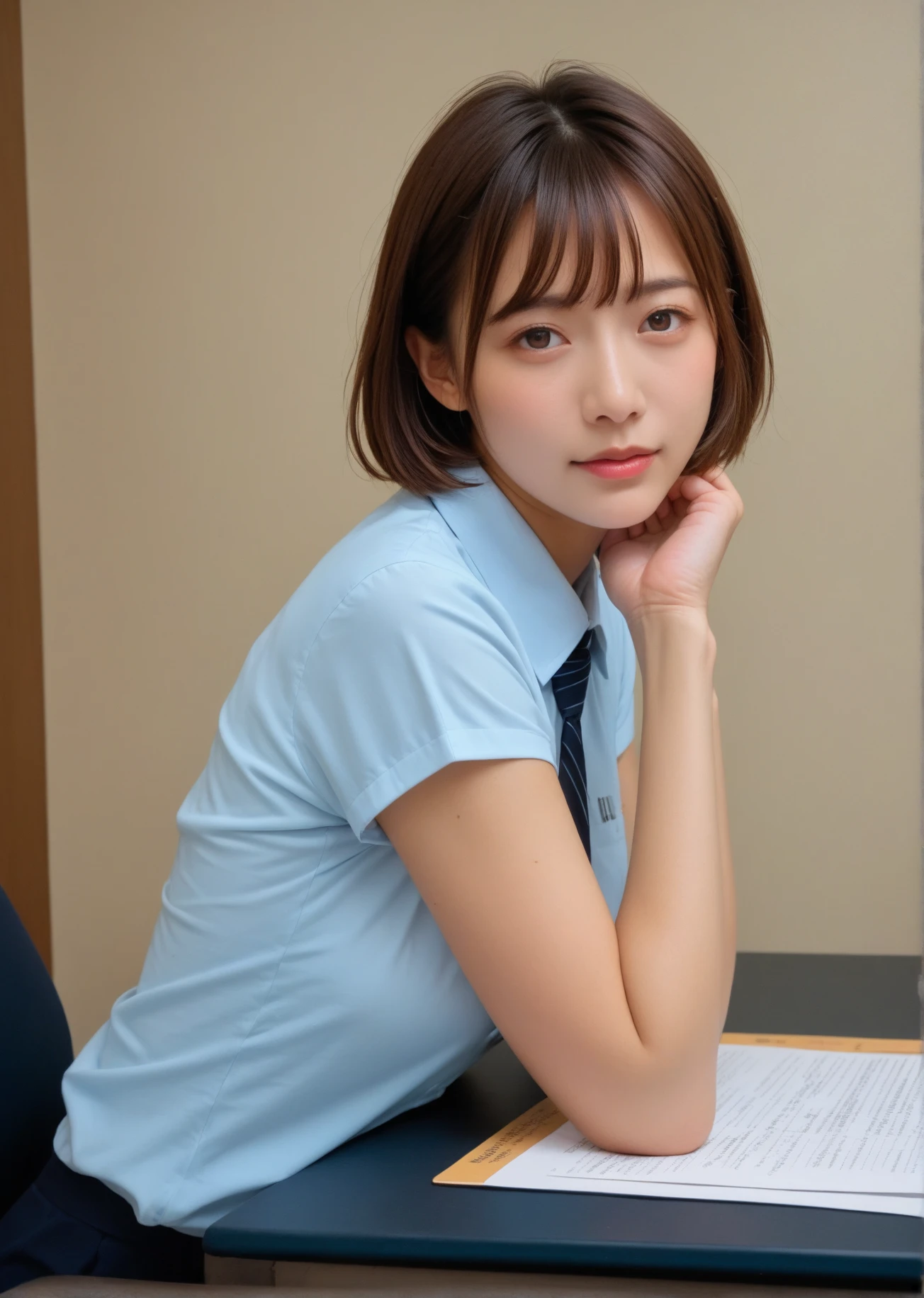 8K quality、High resolution、Beautiful fair skin texture、High resolutionの瞳、Japanese high school girls、Summer uniform、Open-neck short-sleeved white shirt、、、Brown Princess Hair、、Small 、Sweat accumulates in the 、classroom