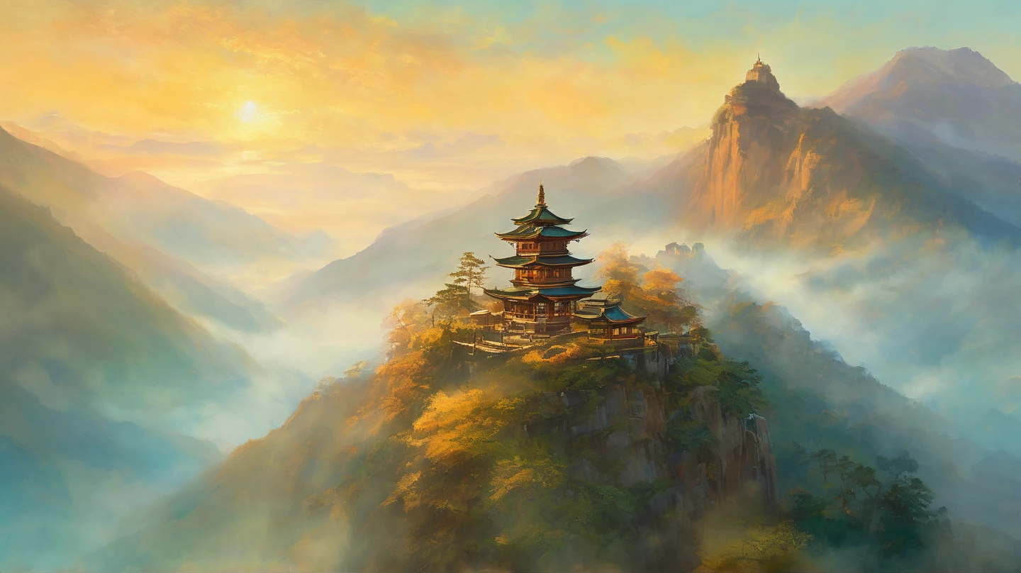 An ancient Chinese painting, ancient Chinese background, mountains, rivers, auspicious clouds, pavilions, sunshine, masterpieces, super detail, epic composition, ultra HD, high quality, extremely detailed, official art, unified 8k wallpaper, Super detail, 32k -- v 6