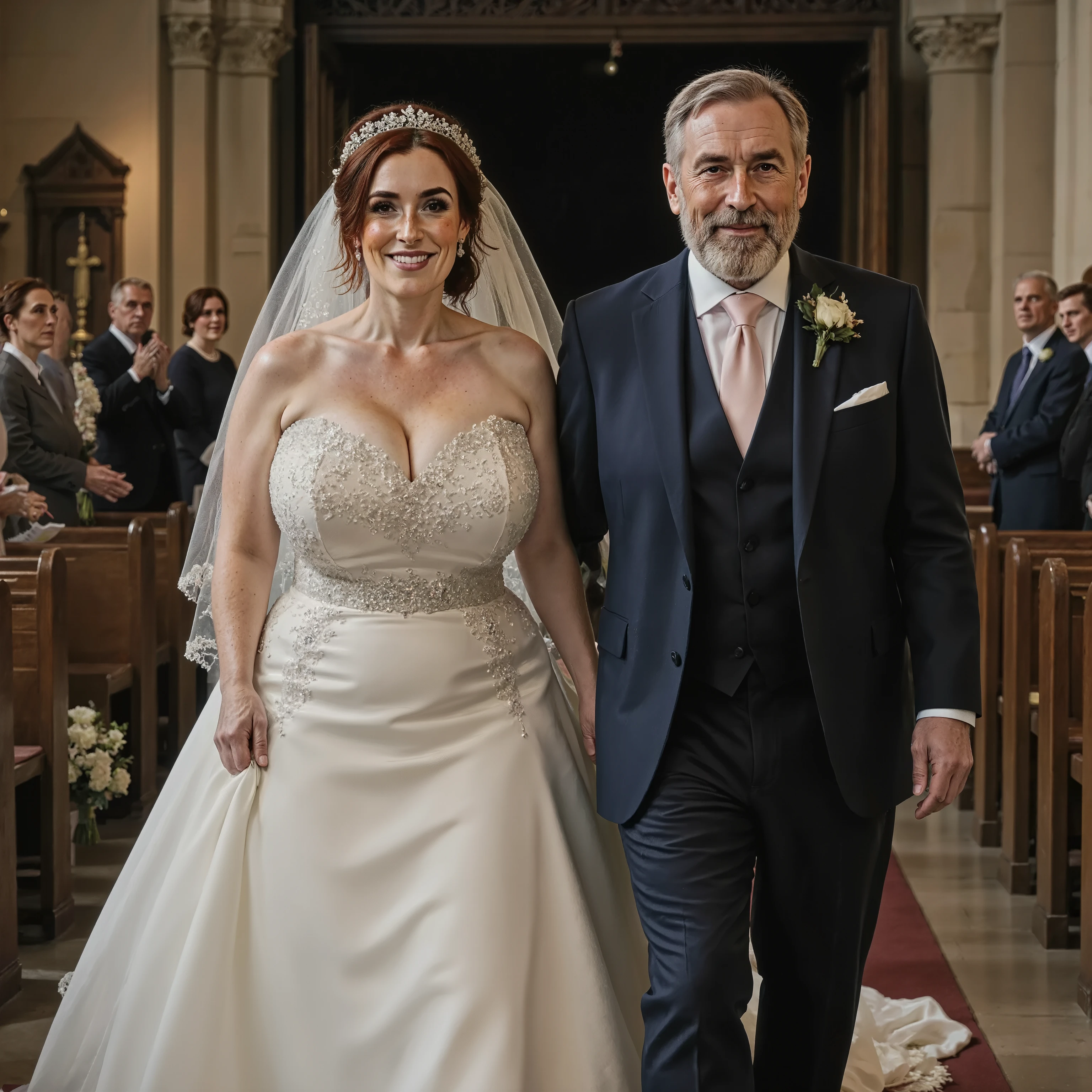 Margaret walking down the aisle in the church wedding, she is a bride in a wedding dress. an older man with grey hair and neatly trimmed beard in walking her down the aisle. photorealistic, highly detailed. large breasts and voluptuous figure. slight smile. church entrance behind them, they are walking towards the altar.
