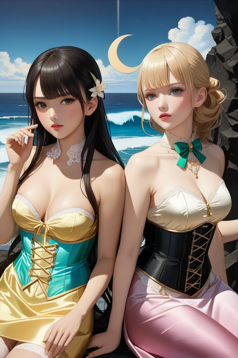 (2young girls), (best quality), (ultra-detailed), illustration, (detailed light), (an extremely delicate and beautiful), brown hair, brown eyes, model, (Beautiful big breasts:1.3),  shoulders, ( breasts:1.2), best quality, extremely detailed CG unified 8k wallpaper, High-definition raw color photos, professional photography, (((Bokeh))), depth of fields, beach, sea, twilight, sunset,