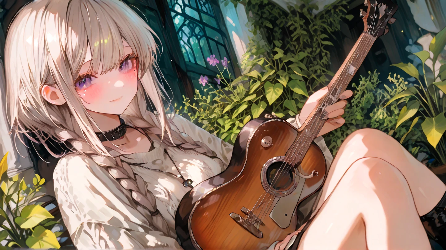 Create a picture of a young asian girl, she has long platinum hair, golden ratio face, wearing a short expedition outfit, sexy body, moderate breasts not too big, she is sitting playing acoustic guitar by the camp tent, in the rainforest, there is a little wolf.