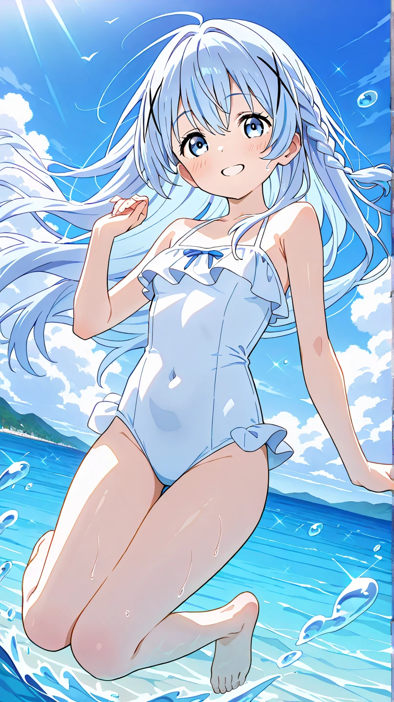 4K，Masterpiece，Bast quality，ink and watercolor painting，Two-dimensional painting style，Kizi，Solo，feet in water，long whitr hair，white color hair，Flesh-colored bra，Dressed revealing