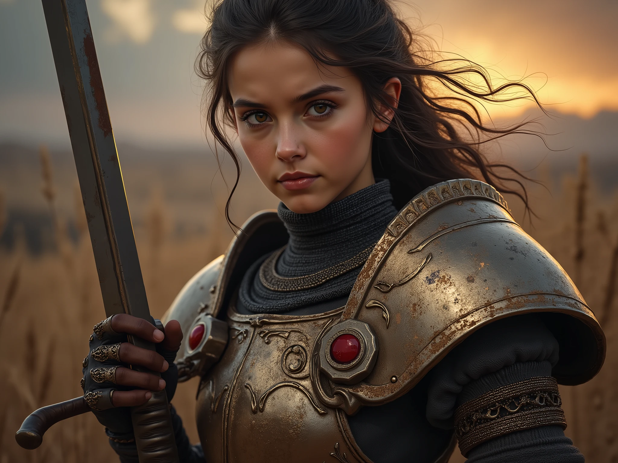 (8k、Highest quality、masterpiece:1.2)、(Highest quality:1.0)、(super high resolution:1.0)、 Model Shooting Style 、 Medieval Europe(high-definition CG unity 8k wallpaper)、full-body photos of the world's most beautiful works of art、 medieval armor、holding Swords、 facial details 、complex cityscape images、High detail、sharp concentration、Dramatic、Realistic painting art、super precise、young girl、staring at viewers、( slim、 fit))、