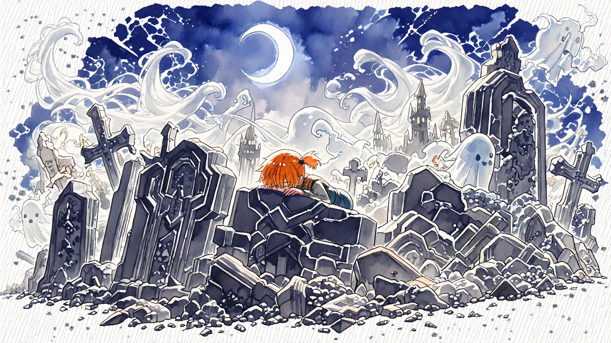 (((Watercolor-style))),(((Watercolor))),((no-outline)),((no- borders)),Blurred,Crescent Moon,Ghost Castle,fantasy landscape, soft lighting, high detail, cinematic composition, melancholic elegance,cliff,
misty,fog drifting through ruins, collapsed castle in the distance, crumbling towers, broken stone walls,(((Massive broken grave)),(Lots of ghost:1.4),(dutch angle:1.5)