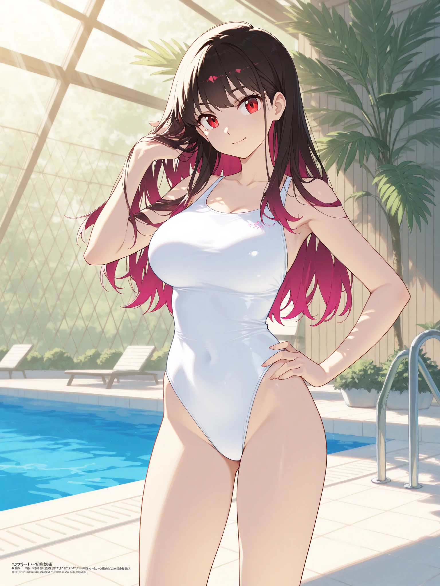 A beautiful woman with long hair, big breasts, and beautiful legs is standing by the indoor pool in a red competitive swimsuit with her legs spread.。