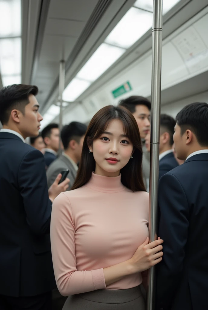 A packed train in tokyo, office ladies commuting to work, suits, people standing so close together that their bodies are touching, ((full body)), ((photo)), ((best qualtiy, 8K, tmasterpiece:1.3)), Focus:1.2, perfect figure beautiful girl:1.4, 1girl, cowboy shot, look at viewer, incredibly absurd, beautiful and cute girl with a photorealistic face, showcasing top-quality craftsmanship, A Japanese woman looking cramped on a crowded train, 20 years old, long dark brown hair that falls to her shoulders, long shiny hair, with bangs, side parted hairstyle, brown eyes, round face, small nose, cherry red lips, bright smile, white teeth, smooth skin, healthy complexion, small ears, natural eyebrows, long eyelashes, slim, well-balanced proportions, moderate muscle, slim waist, round hips, supple limbs, short nails, beautiful C cup breasts, white blouse, black tight skirt, heeled pumps, silver necklace and bracelet, black belt, pretty older woman, beautiful, neat, soothing, cute voice, polite, kind-hearted, responsible, positive, optimistic, sociable, good communication skills, April