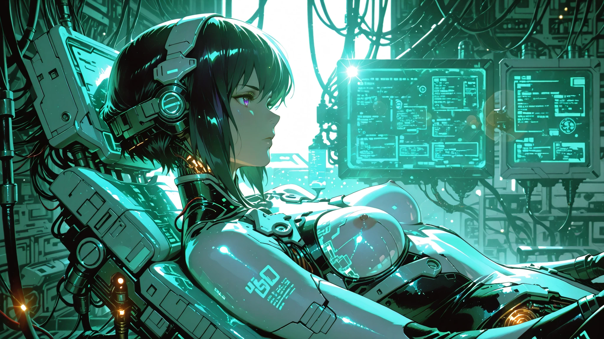 nipples,kusanagi motoko, ghost in the shell, futuristic theme, cyber leotard, head gear, laboratory, lying on mechanical seat, from diagonal side, upper body , cables connected on body, backlighting, lens flare, glowing, luminescent cables, white theme