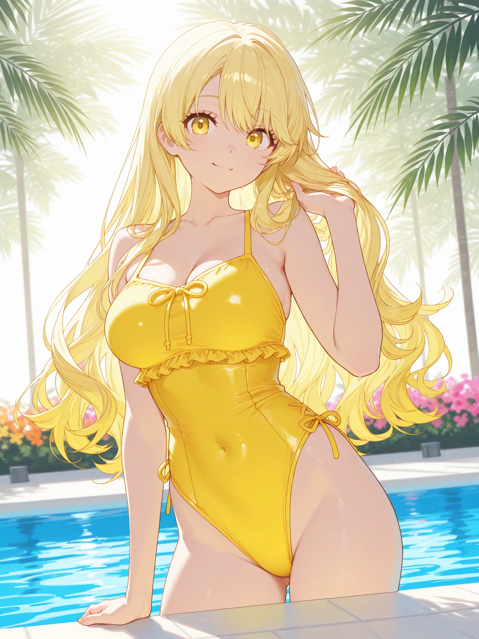 (Best quality, 4k, Masterpiece :1.3), full body standing symmetrical beautiful woman, hyper realistic, 1girl, (drooping ???????, attractive body :1.2), sit-ups :1.1, long black hair: 1.1, (wet rainy, wet by rain, wet body :1.2), ultra-detailed face, detailed lips, detailed eyes, double eyelid, low-necked dress, open neckline, hanging ???????, side pose, visible curves, pool party, poolside, yellow sunglasses, (yellow tiger ??????), muscular turned arms behind body