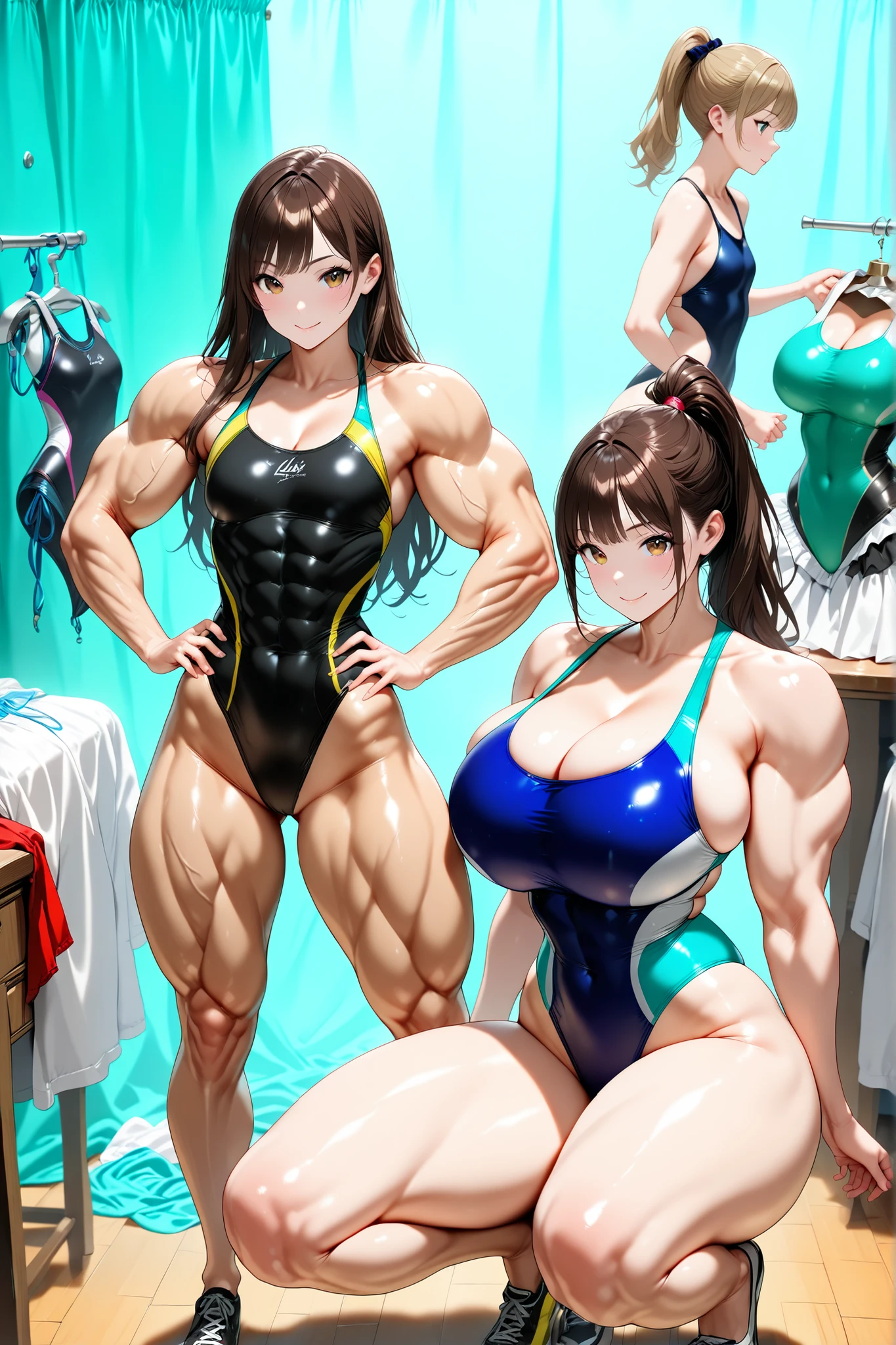 score_9, score_8_up , score_7_up , just describe what you want, tag1, tag2,official art, official style,anime capture, anime coloring, anime screenshot, game cg,illustration, (necömi style:1.5),(masterpiece:1.5),(most detailed:1.5), (high resolution:1.5), (best quality:1.5),(perfect anatomy:1.5), (4K:1.3),(2 girls:1.3), (Lala is flat chest on the left:1.5),(Lily is curvy on the right:1.5), (Lala is the Biscuit Oliva Style:1.5), ,(mizuno competition swimsuit:1.5), both have brown hair:1.5, brown eyes,beautiful girl:1.3,(Lala is flat chest:1.5 and flat chest and flat chest and big body and cylindrical body and muscular and brawny and beefy and toned body and abs and Wide shoulders and wide chest and wide arms and wide torso and wide legs : 1.5),
(Lily is a huge breasts and boob and cleavage and glamorous and voluptuous and ponytail with natural bangs: 1.5) ,( cosplay costume room , mannequins dressed in progress, mirrors and sewing materials on the side tables : 1.5 ),smile:1.3,( Random posing, dynamic posing :1.5),(squatting :1.5),(from above :1.7),(from side :1.8),