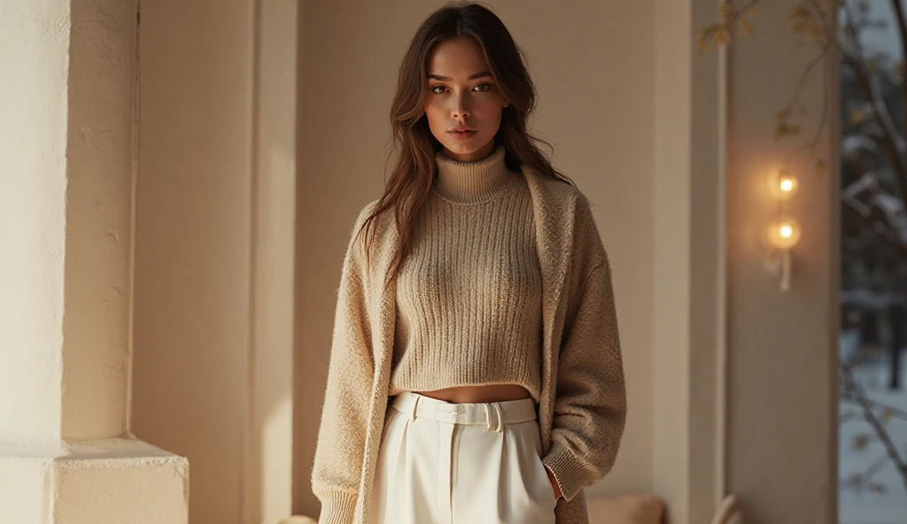 Créer une belle jeune femme de 17 ans dans un magasin fashion, type caucasien, très beau visage juvénile, teint nacré, très mince, petits seins, cheveux courts brun foncé coupe au bol, yeux noisettes, expression offerte, maquillage léger, debout et de face, elle regarde vers le haut avec un regard implorant, elle ouvre la bouche, petit pull blanc en mailles fines à col roulé très près du corps, leggings en cuir noir très moulant, hanches galbées, petits escarpins, photo réaliste, haute qualité.