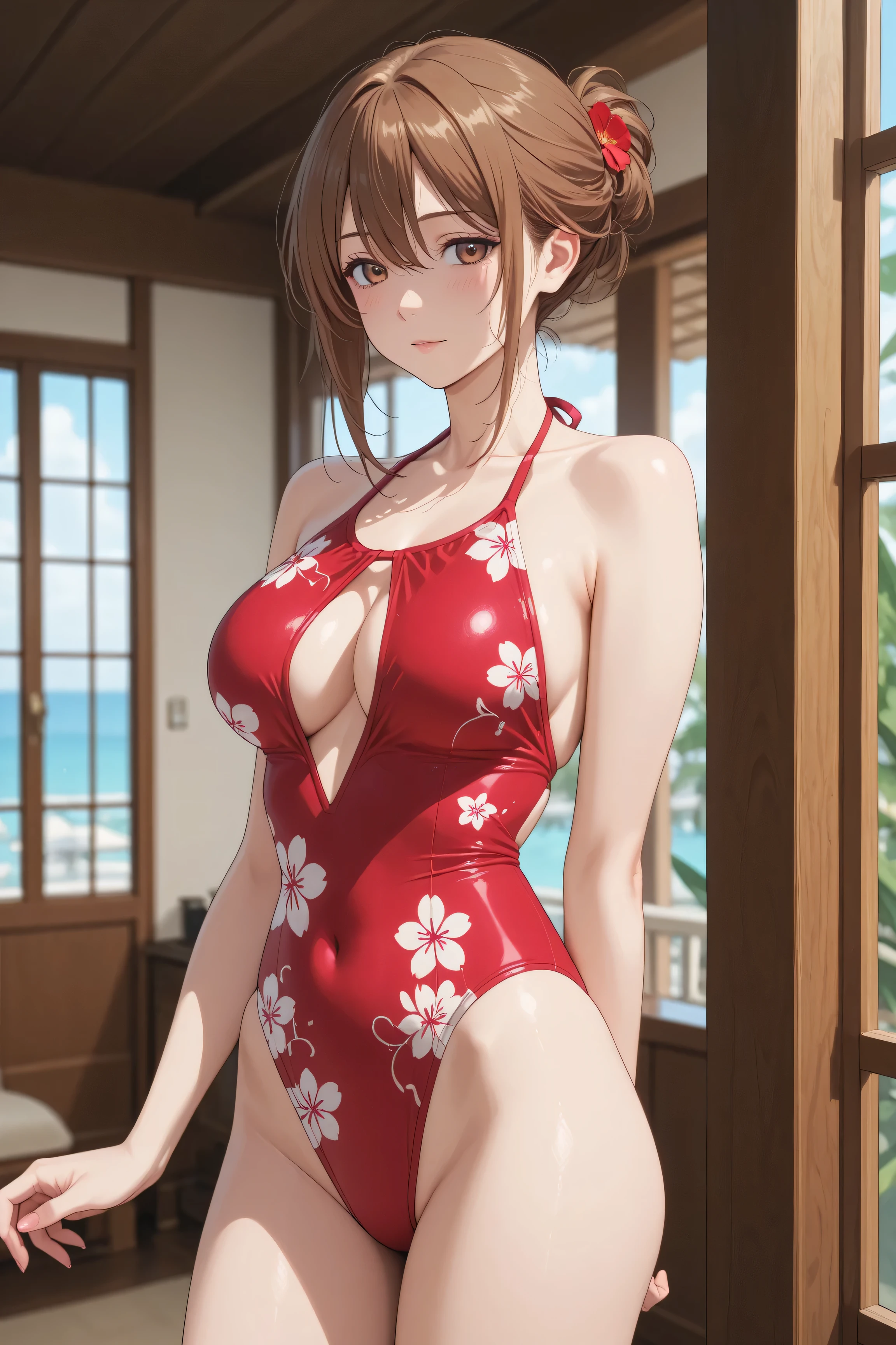 Japanese woman wearing a red swimsuit with a red floral pattern、while basking in the morning sun on the Balcony of a luxury resort hotel、Balcony、Kiss me deeply、women and men、高級リゾートホテルのBalconyで朝の太陽を浴びながら、Japanese woman with medium brown hair in a swimsuit、they are hugging the man in the swimsuit violently