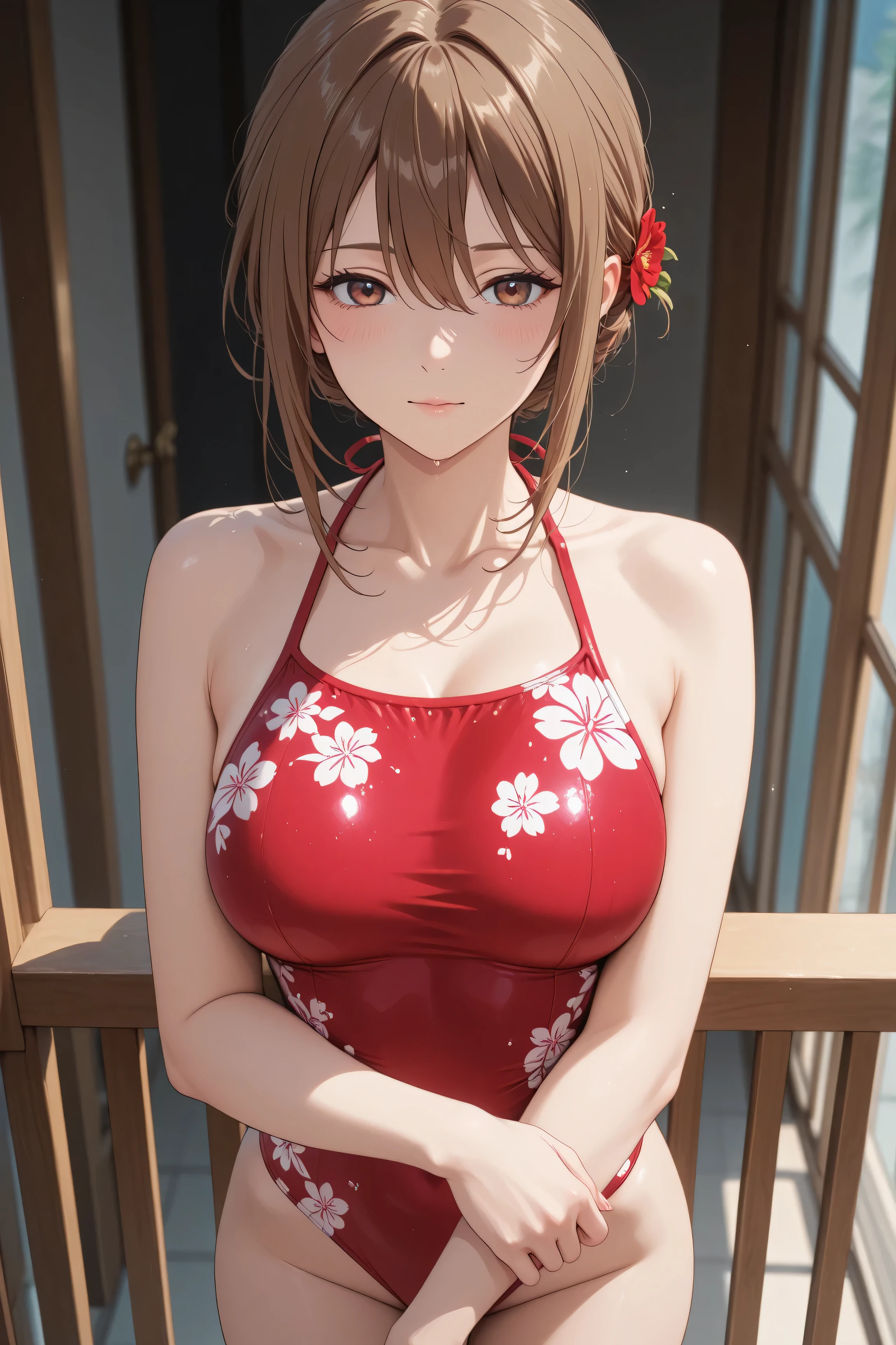 Japanese woman wearing a red swimsuit with a red floral pattern、while basking in the morning sun on the Balcony of a luxury resort hotel、Balcony、Kiss me deeply、women and men、高級リゾートホテルのBalconyで朝の太陽を浴びながら、Japanese woman with medium brown hair in a swimsuit、they are hugging the man in the swimsuit violently