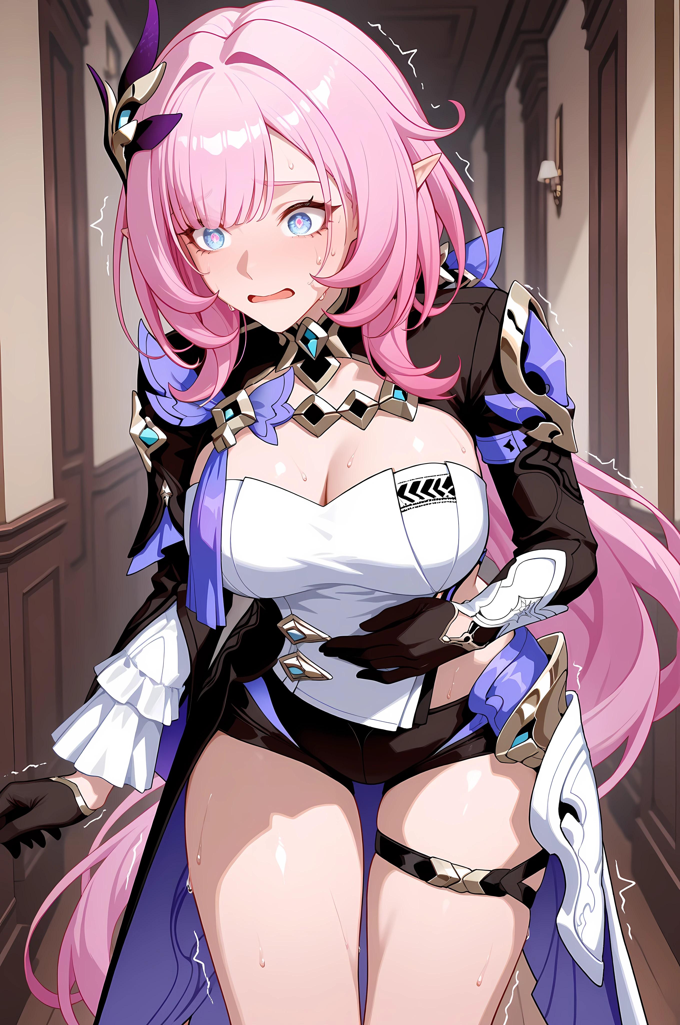 Elysia, pointy ears, long hair, ponytail, pink hair, elysia (honkai impact),
Ely_Def, asymmetrical sleeves, shirt, hair ornament, black shorts, short shorts, cleavage, long sleeves, bblack gloves, , jewelry,
cowboy shot,
Solo, general, masterpiece, highres, ultra-detailed, hyper-detailed, best quality, amazing quality, very aesthetic, best hands, best eyes, best hand
adult woman, 1woman, hand on own stomach, sweat, leaning forward, nervous, scared, trembling legs, grand wooden hallway