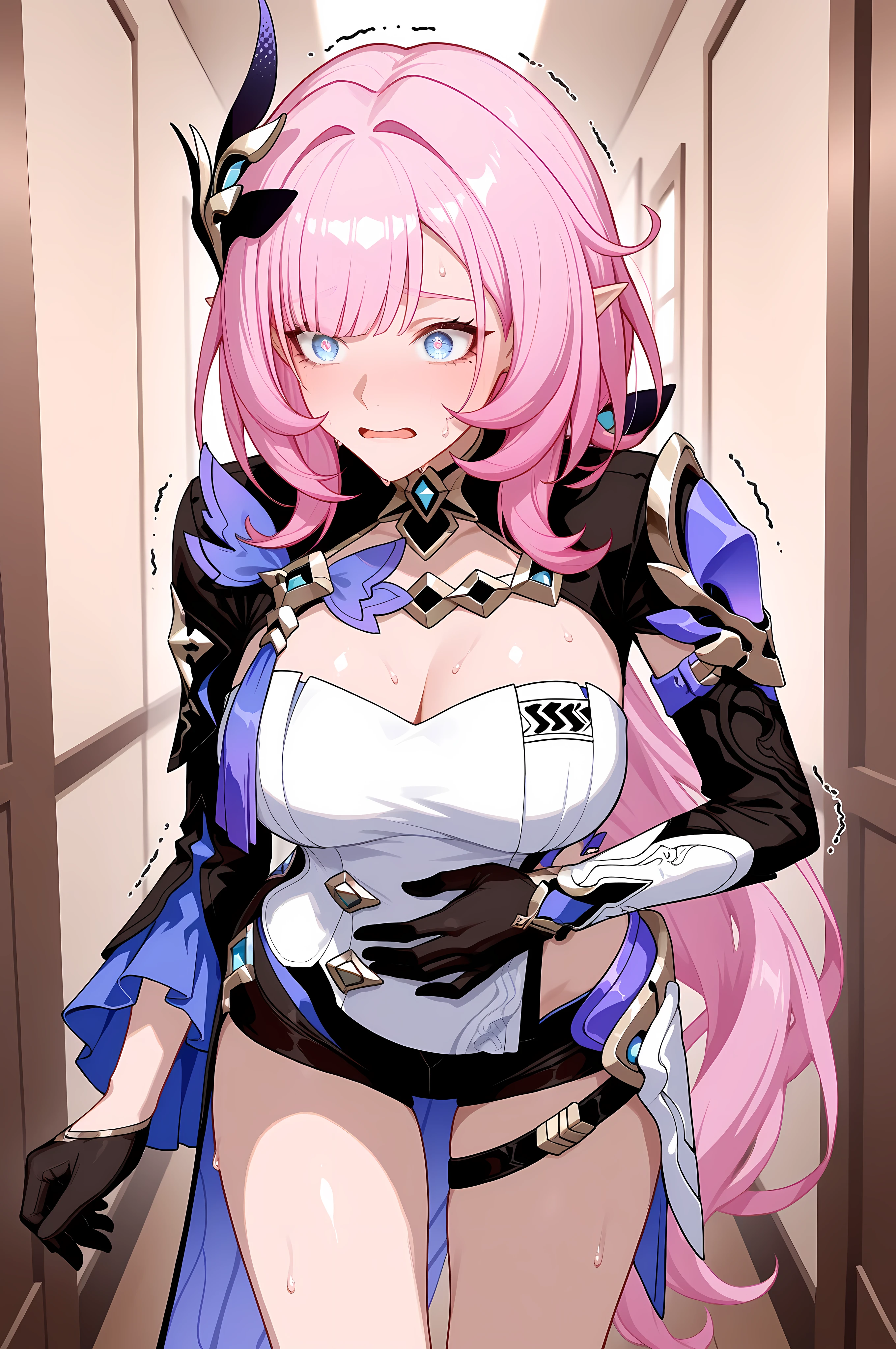 Elysia, pointy ears, long hair, ponytail, pink hair, elysia (honkai impact),
Ely_Def, asymmetrical sleeves, shirt, hair ornament, black shorts, short shorts, cleavage, long sleeves, bblack gloves, , jewelry,
cowboy shot,
Solo, general, masterpiece, highres, ultra-detailed, hyper-detailed, best quality, amazing quality, very aesthetic, best hands, best eyes, best hand
adult woman, 1woman, hand on own stomach, sweat, leaning forward, nervous, scared, trembling legs, grand wooden hallway