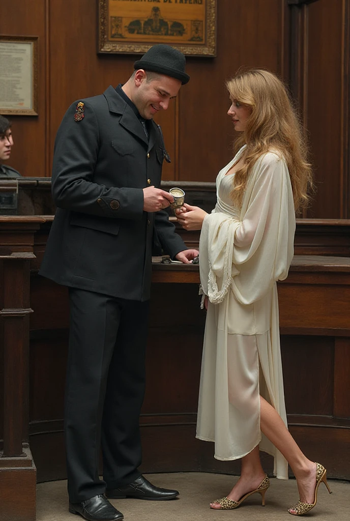 score_9, score_8_up, score_7_up, 2persons, 1man soldier named++A, 1girl named++B, in a luxurious living room, A  B's breasts. BREAK ((B is an african woman bound up with rope, (dark skin:1.49), lying on a couch, ((otm gag)), gagged,  above head, wrists bound with rope, (bound above and below breasts,  over clothes, (bound legs, bound thighs, bound knees:1.2)), 30yo,  dark brown hair, 50's vintage hairstyle, (curly hair), updo, breasts length hair, brown eyes, (slim body), (charcoal dress), puffed sleeves, long dress with slit, (lift skirt), (queen anne neckline), vintage shoes, (vintage sheer pantyhose),  over dress, (shocked))). BREAK (A is 1man in full body uniform, boots, holster, muscular, beard, bald). BREAK : A  B, hand down dress, saturated colors, living room, luxurious living room, wallpaper, paintings, baroque furniture, best quality, highly detailed, intricate detail, beautiful eyes, detailed face and eyes, perfect background, detailed background, detailed body, detailed , perfect , high-contrast