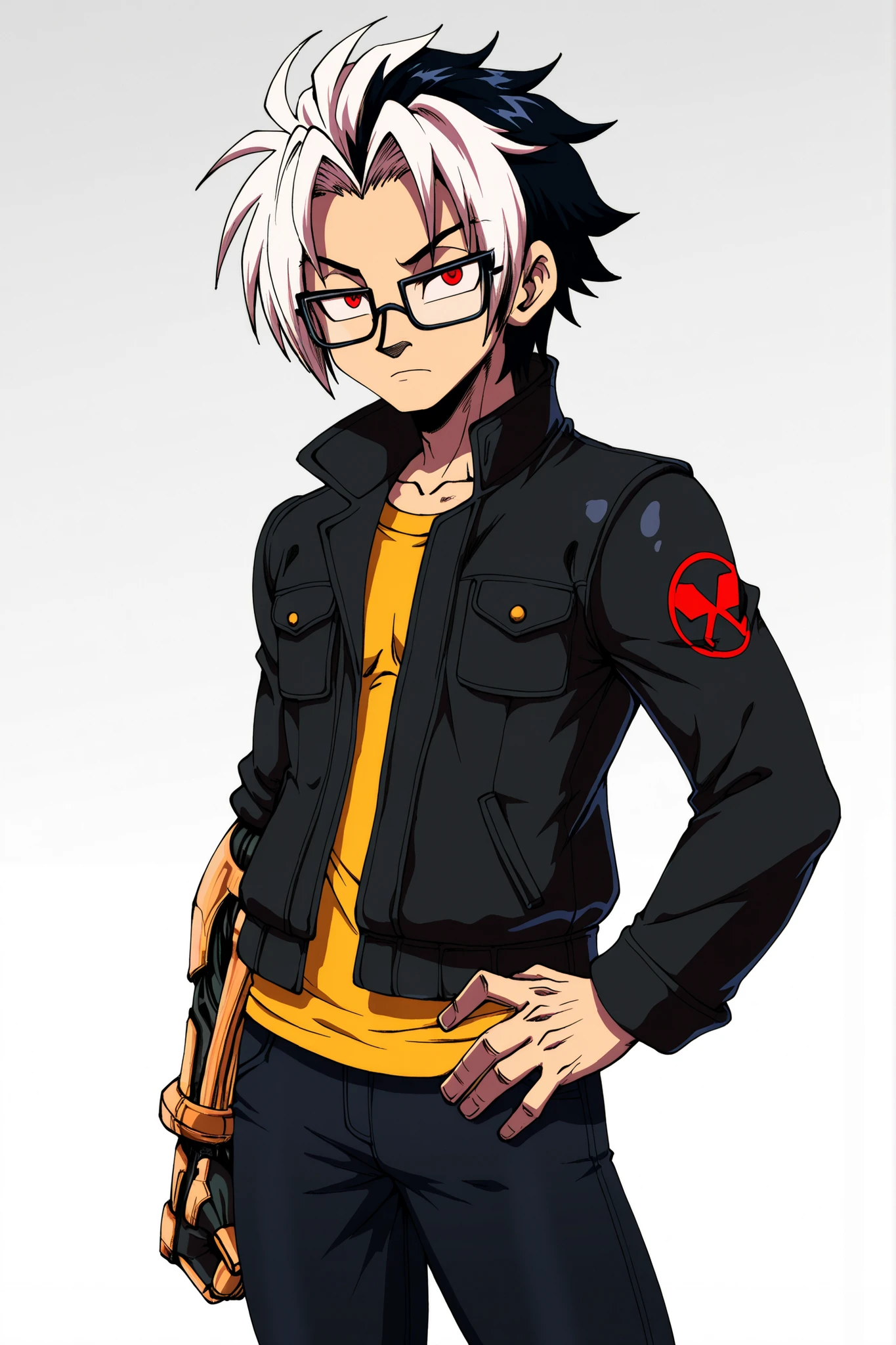 (solo), anime/manga style, best quality, high resolution, absurdres, BREAK, (adult), uploaded on danbooru, uploaded on e621, [by rick griffin:0.5], (by jizoku, by inu-sama), [by zeekzag], by sssonic2, [by mastergodai:0.2], [by chalo:0.32], by r-mk, [by joaoppereiraus:0.6], [by jrvanesbroek:0.4], MVC2style, glasses, red eyes, (human), (male), young adult, solo, [[open eyes:1.2]], semi-expressive eyes, casual look, black jacket, yellow shirt, black jeans, side-parted hair fringe, short hair, black and white hair, two-tone hair, multi-colored hair, cybernetic ancient arm, (human nose)