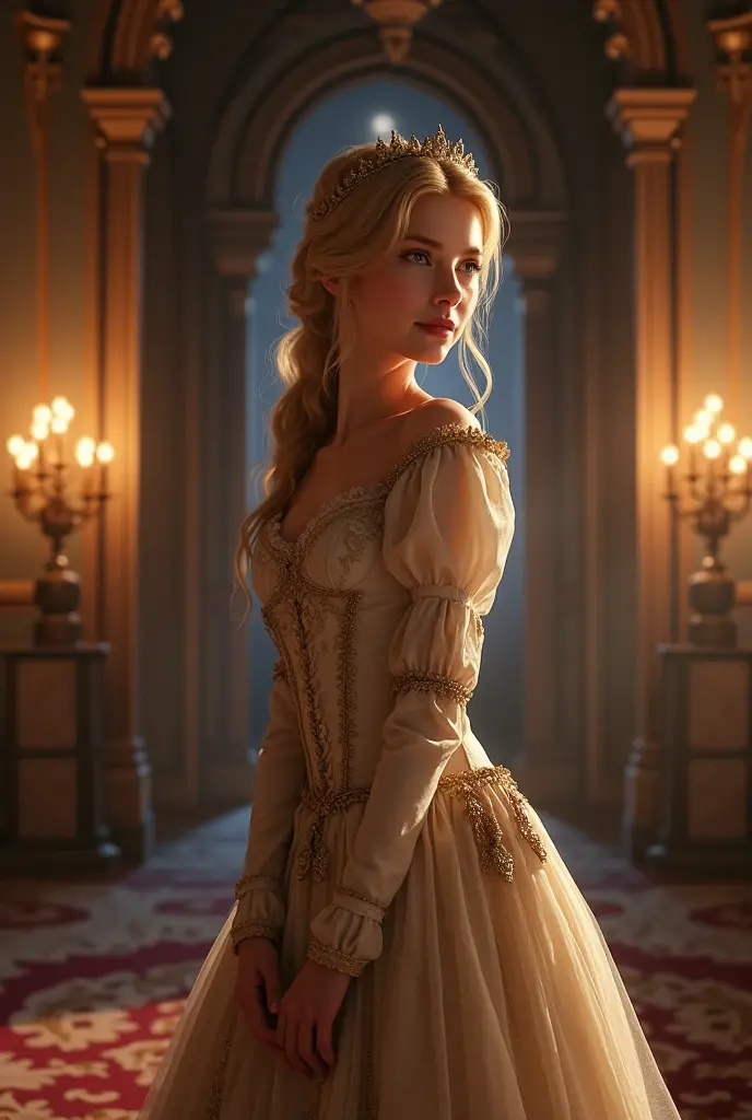 Lily Collins with white hair with Marie Antoinette hairstyle, wearing a super detailed gold long sleeve dress and gloves, diamond tiara, coming down the stairs from inside a palace in the hall where a costume ball with various ladies and knights takes place illustration is detailed, smooth and bright, art by Justin Gerard